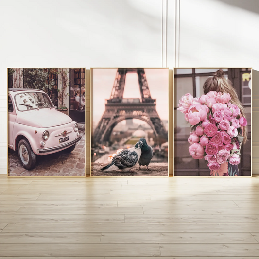 パリのエッフェル塔とヴィンテージピンクのロマンティックアートポスター 3枚セット