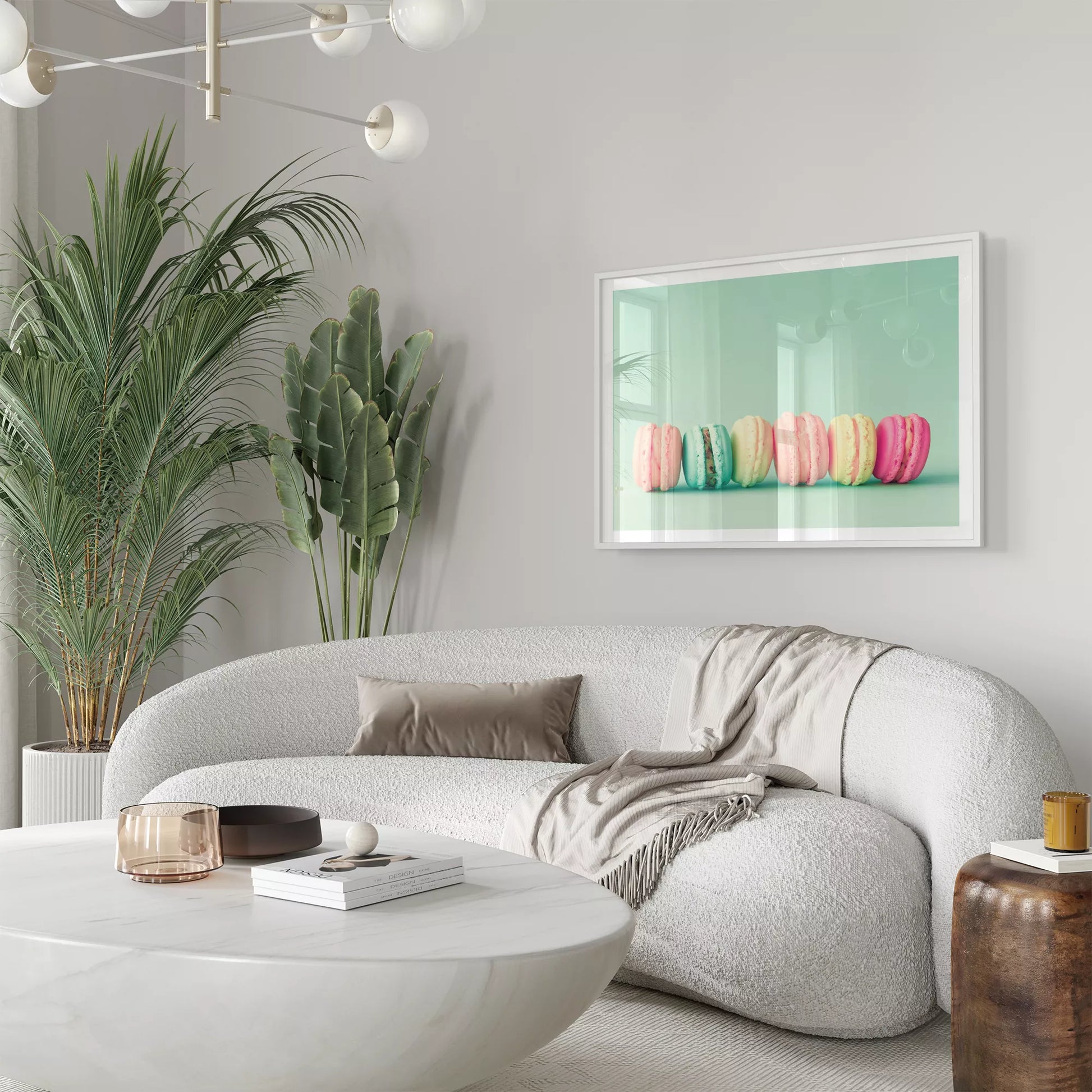 パステルカラーのマカロンが並ぶミントグリーン背景のアートポスター