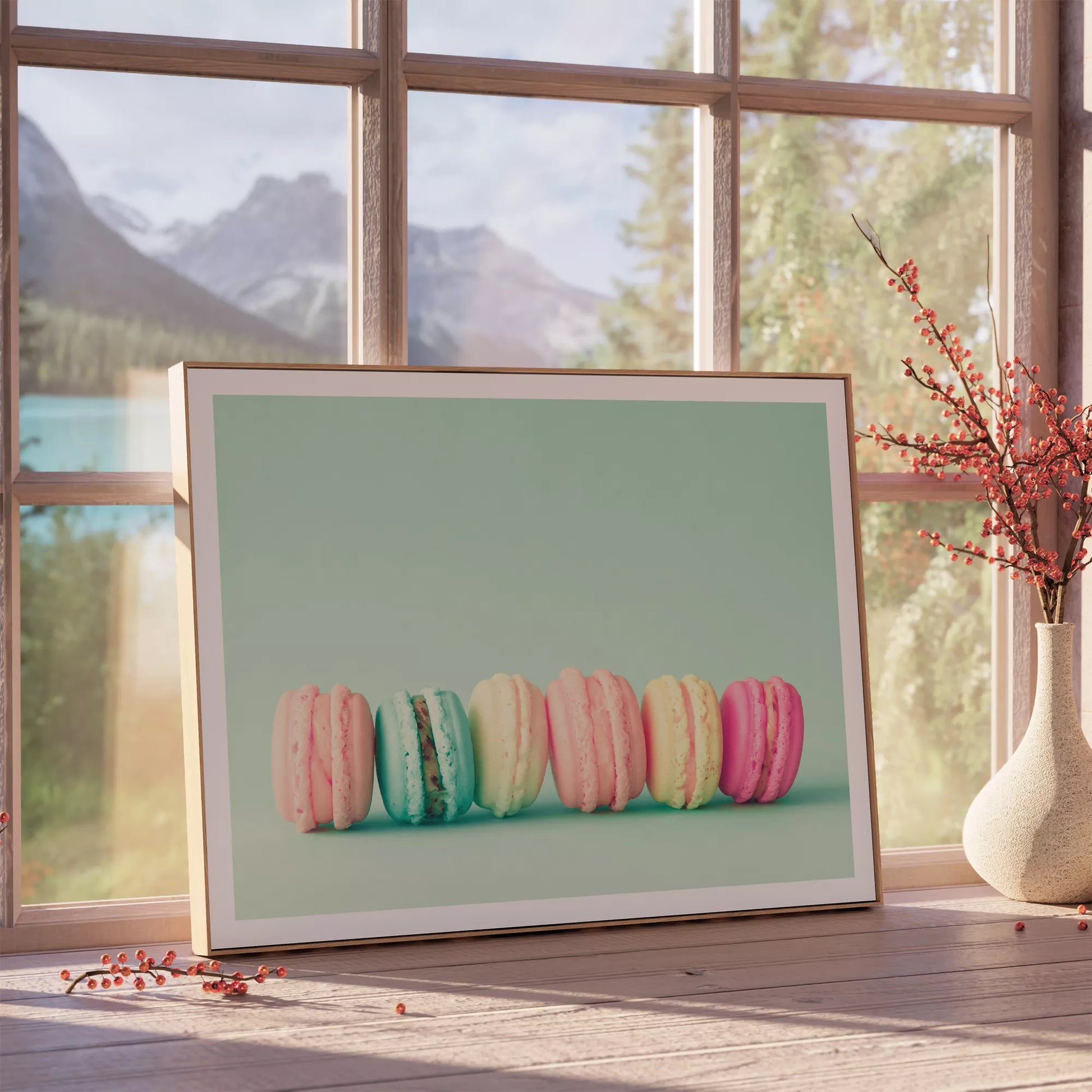 パステルカラーのマカロンが並ぶミントグリーン背景のアートポスター