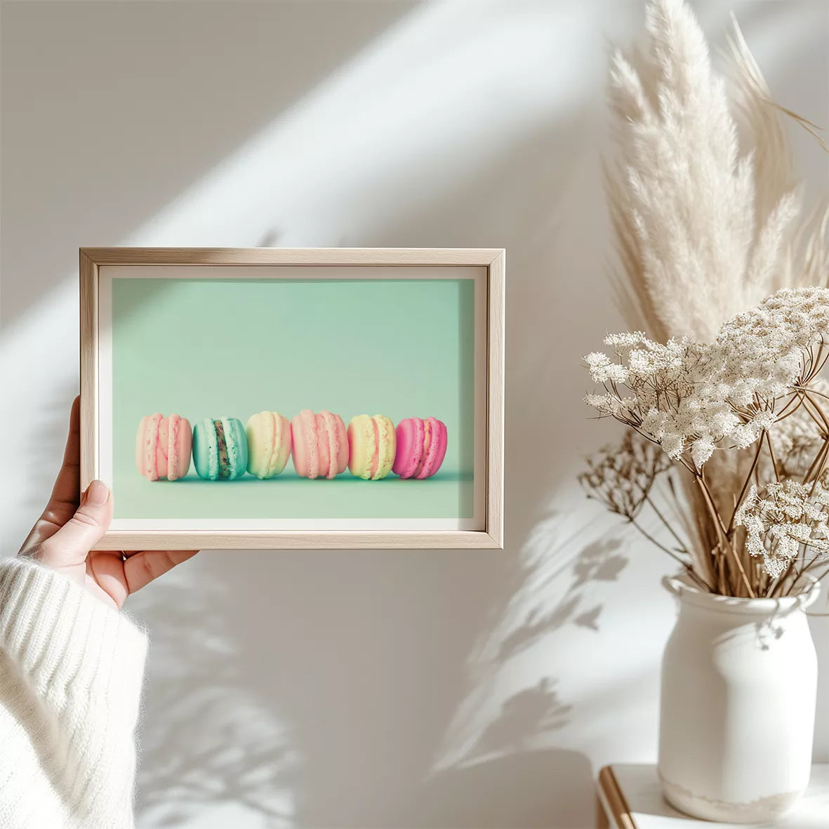 パステルカラーのマカロンが並ぶミントグリーン背景のアートポスター
