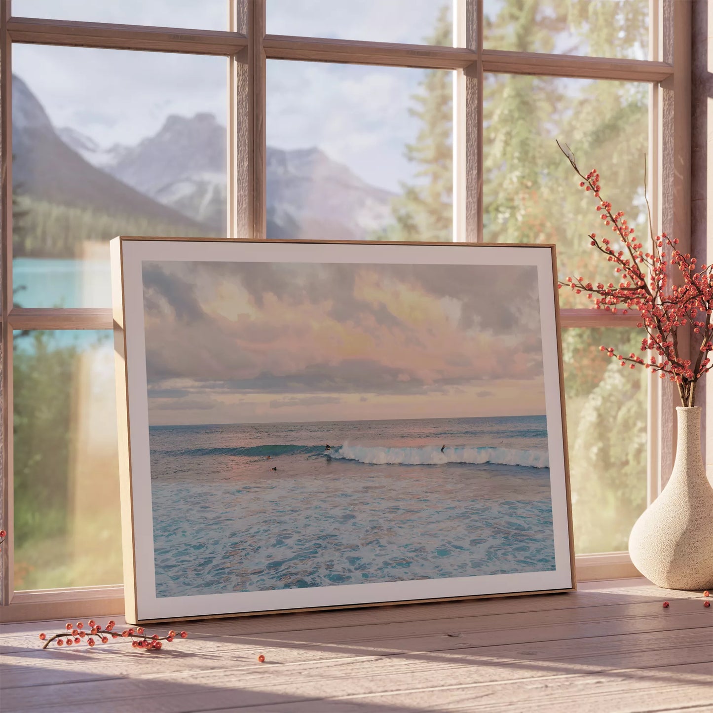 パステルピンクの夕暮れ空とターコイズブルーの波でサーフィンを楽しむ海景色