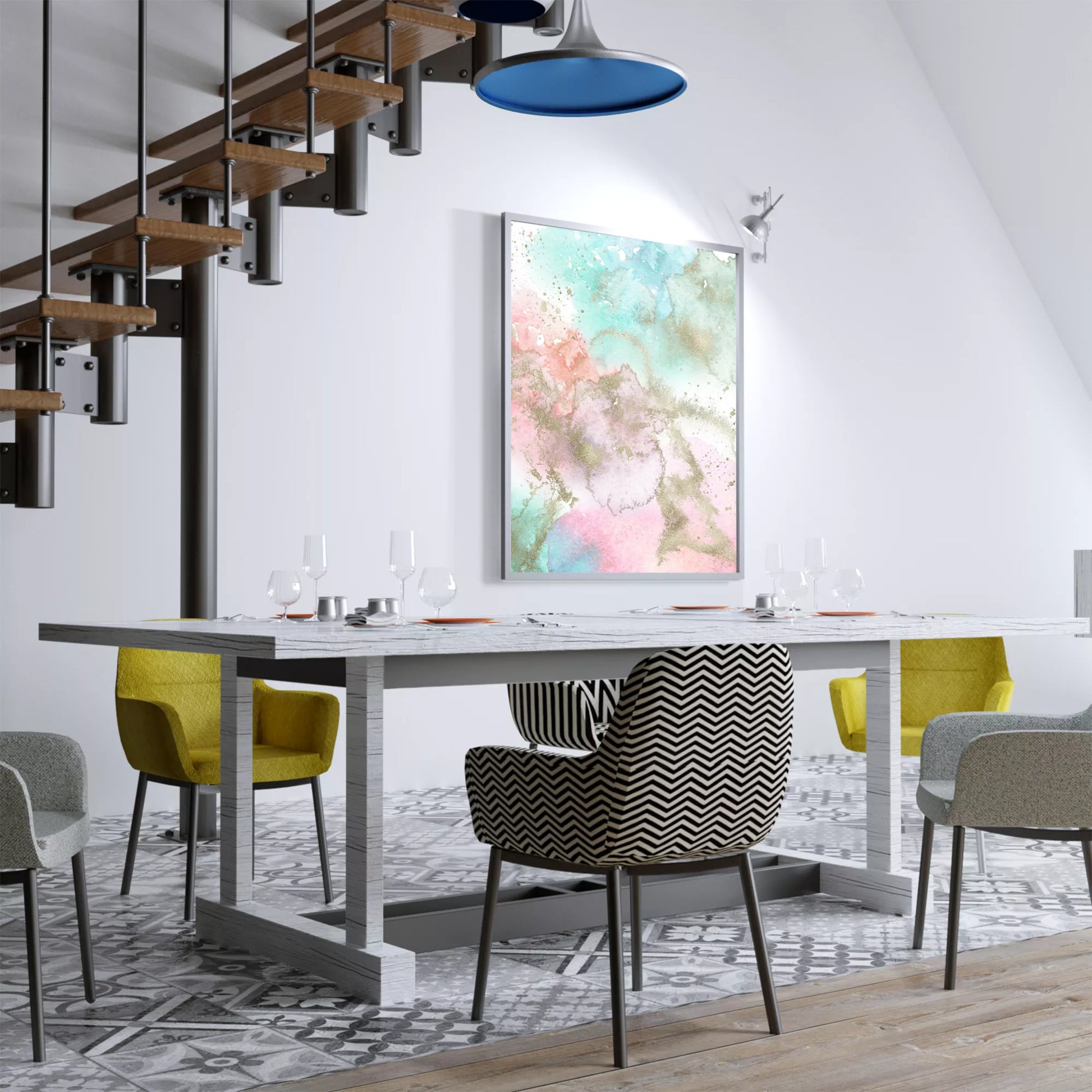 パステルカラーの水彩画風アート。ミントグリーンとピンクのグラデーションに金箔のアクセントが施された抽象画