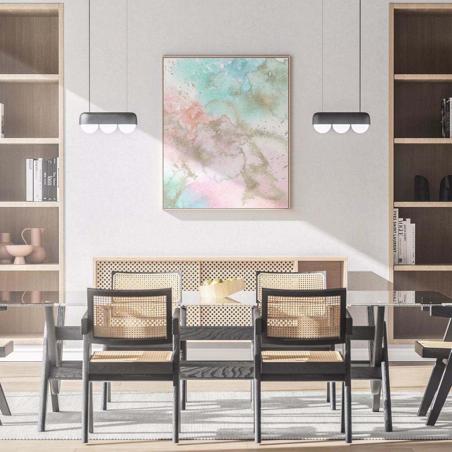 パステルカラーの水彩画風アート。ミントグリーンとピンクのグラデーションに金箔のアクセントが施された抽象画