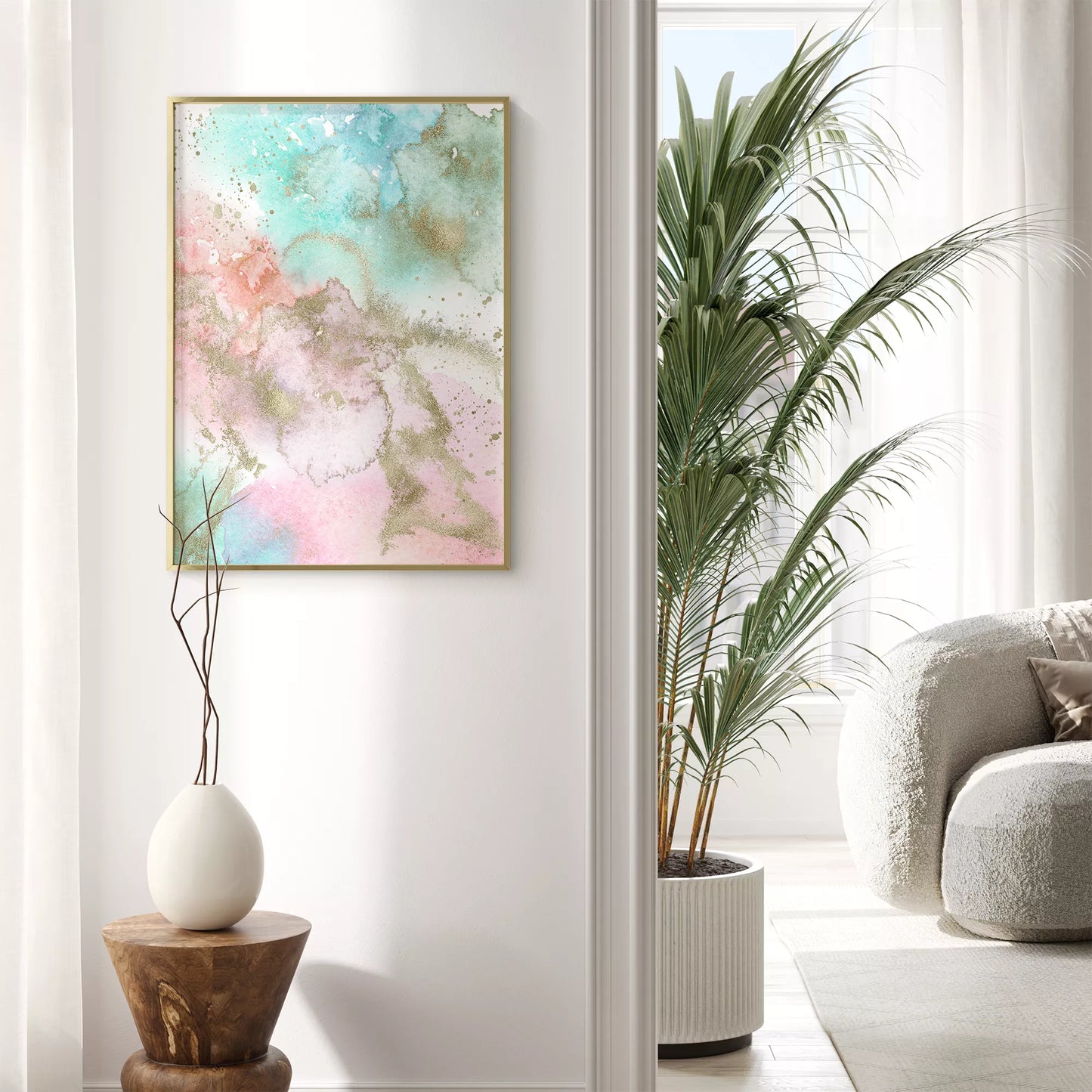 パステルカラーの水彩画風アート。ミントグリーンとピンクのグラデーションに金箔のアクセントが施された抽象画