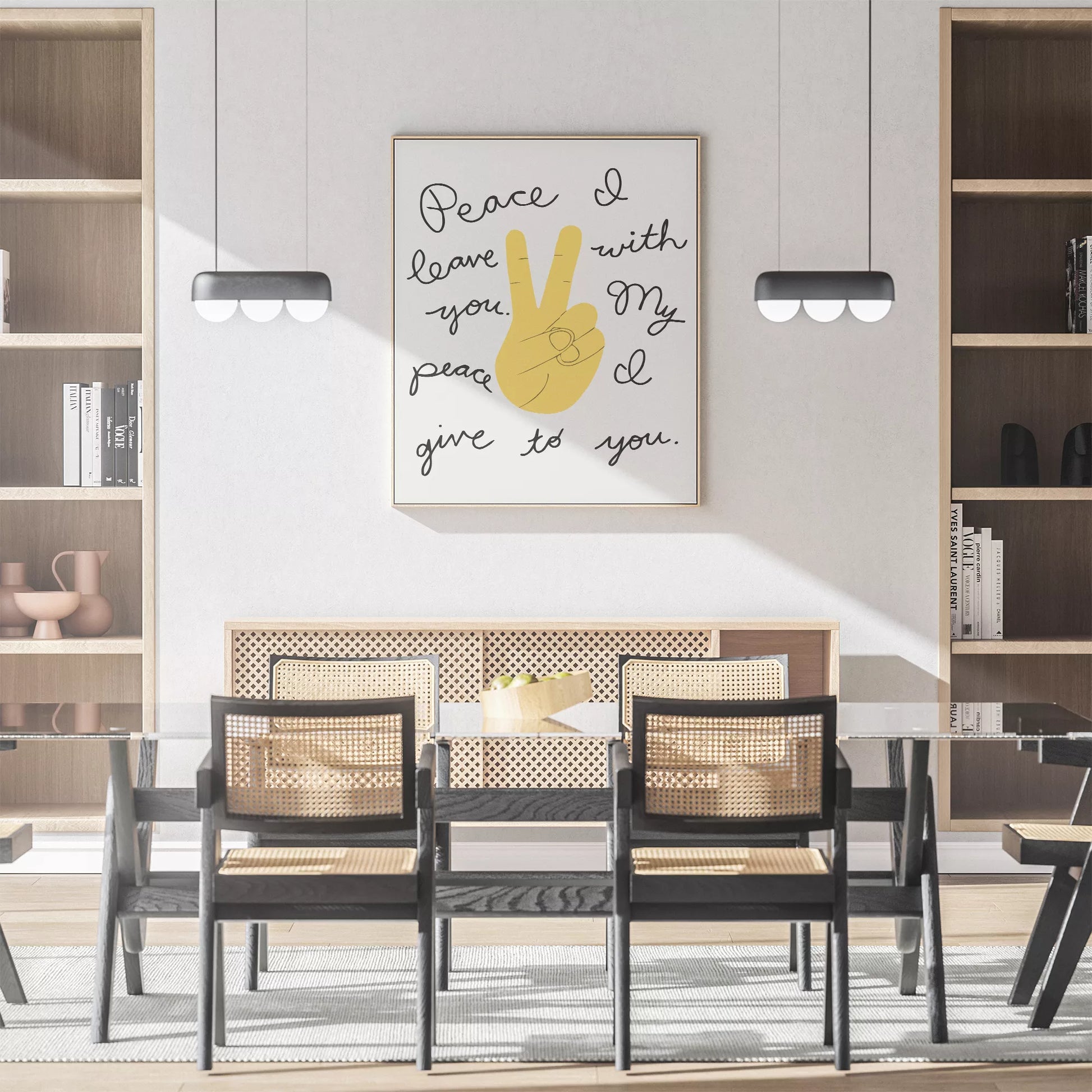 黄色いピースサインと手書きメッセージのモダンなウォールアート