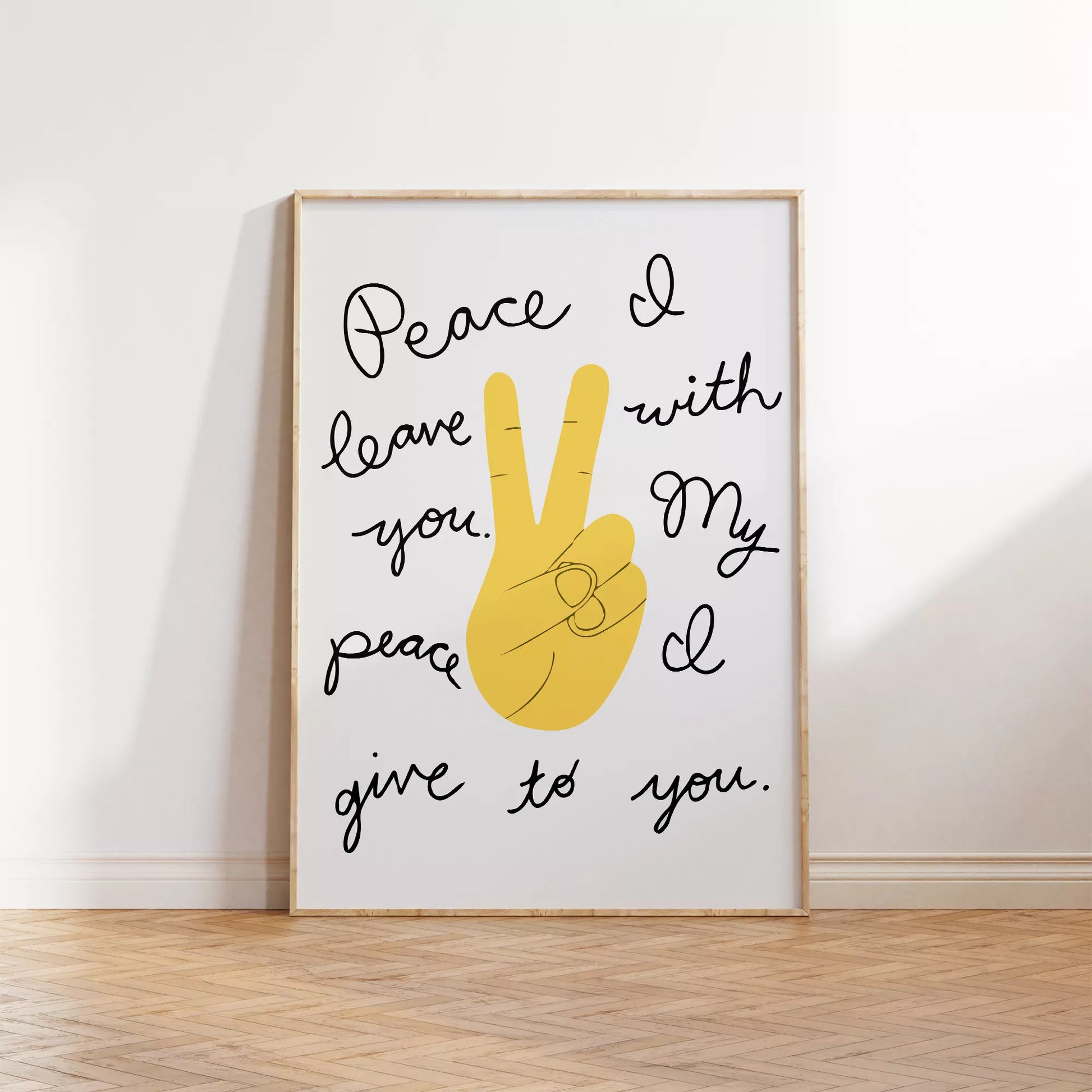 黄色いピースサインと手書きメッセージのモダンなウォールアート