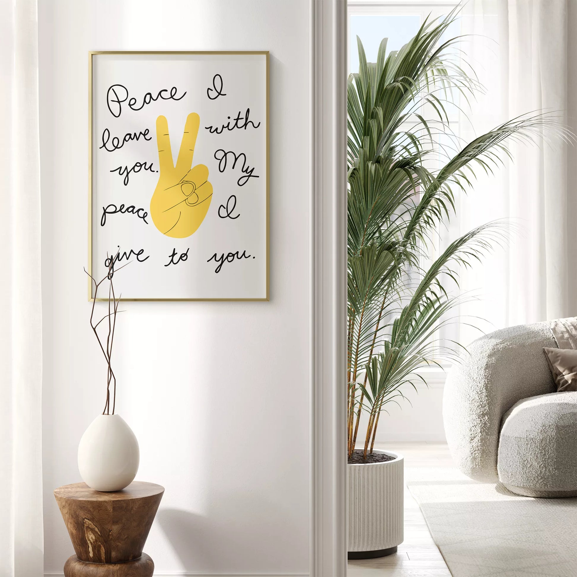 黄色いピースサインと手書きメッセージのモダンなウォールアート