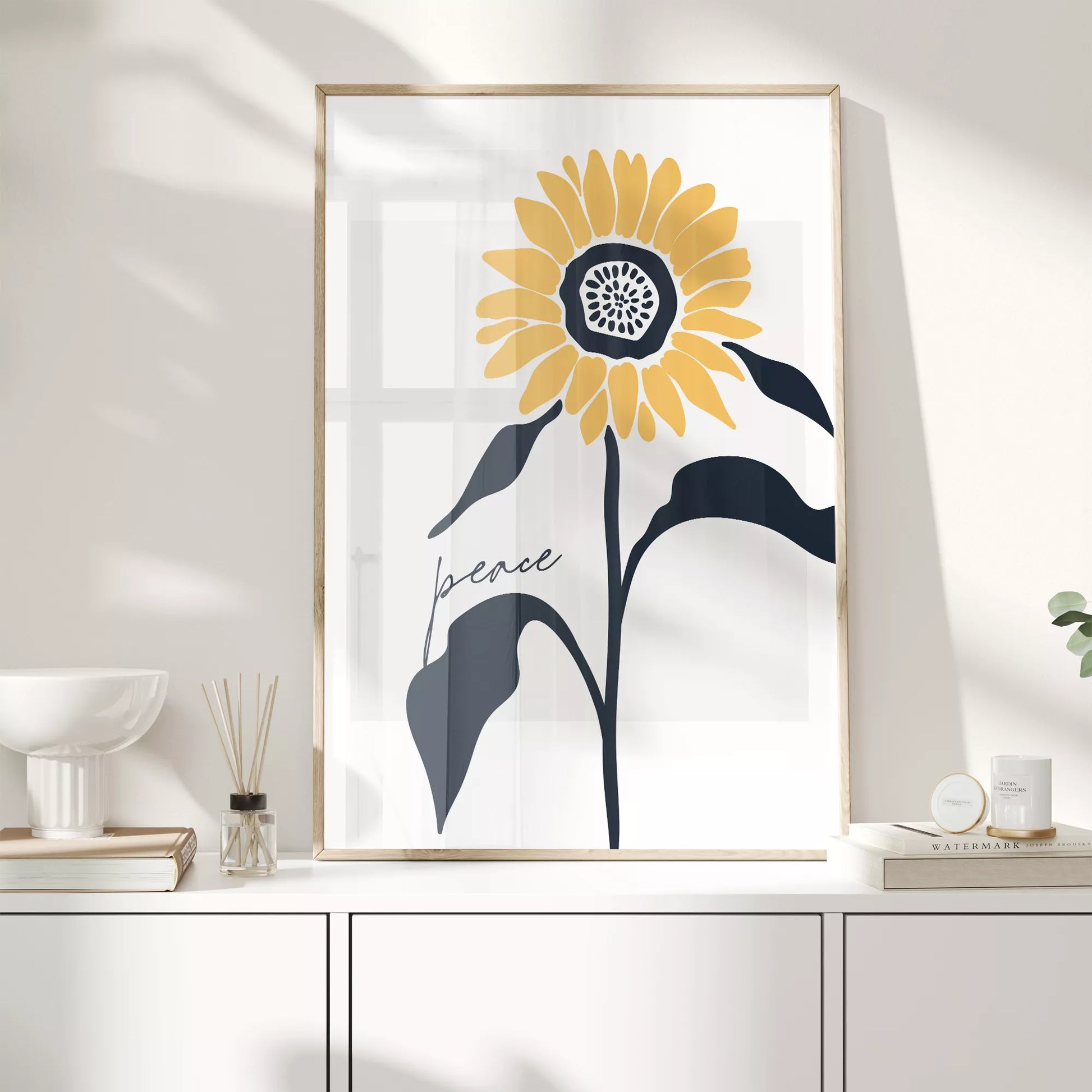 モダンな向日葵のアートプリント、平和をテーマにしたシンプルデザイン