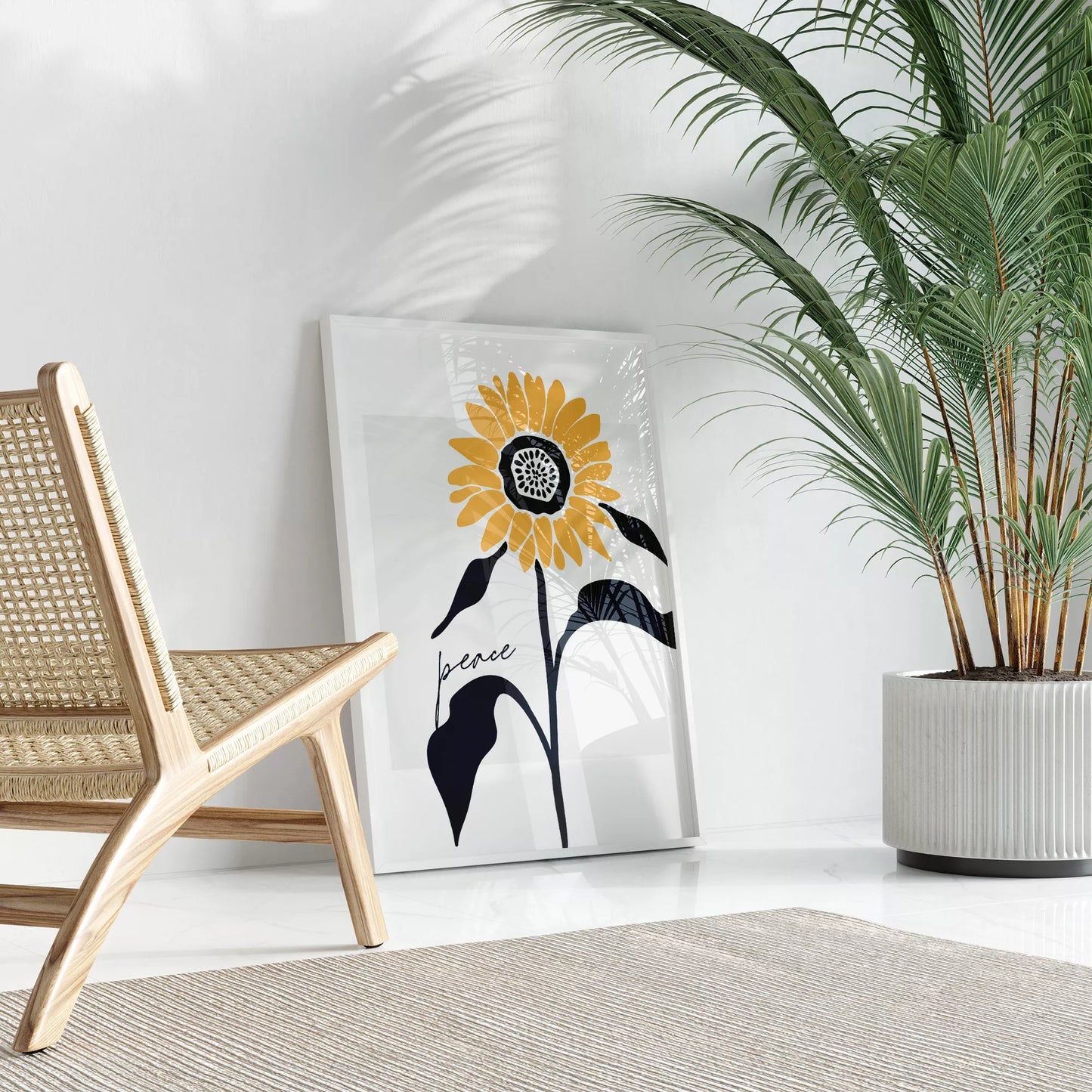 モダンな向日葵のアートプリント、平和をテーマにしたシンプルデザイン