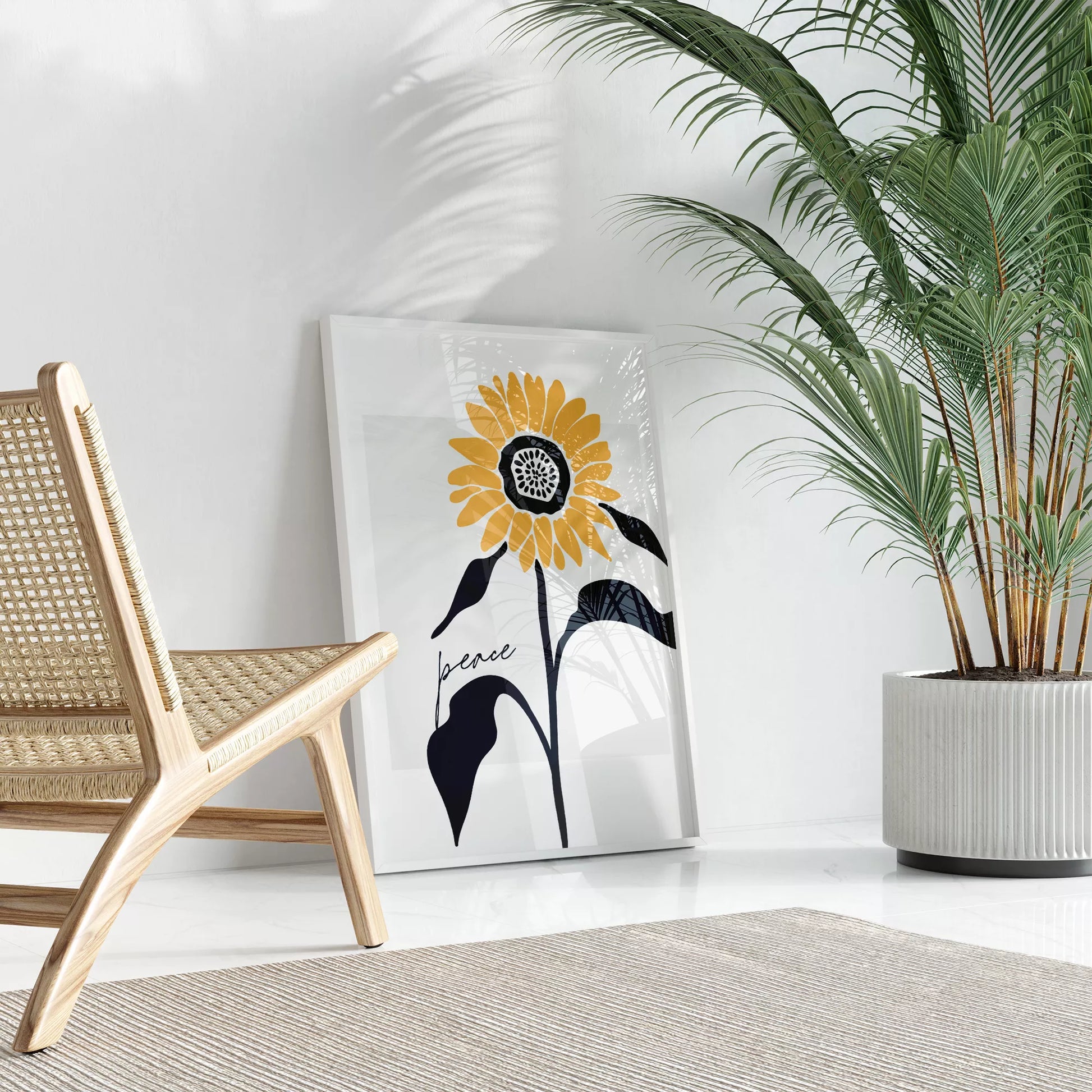 モダンな向日葵のアートプリント、平和をテーマにしたシンプルデザイン