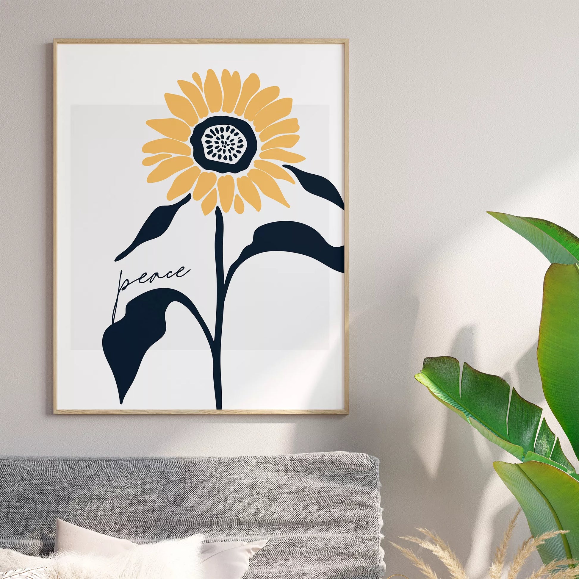 モダンな向日葵のアートプリント、平和をテーマにしたシンプルデザイン