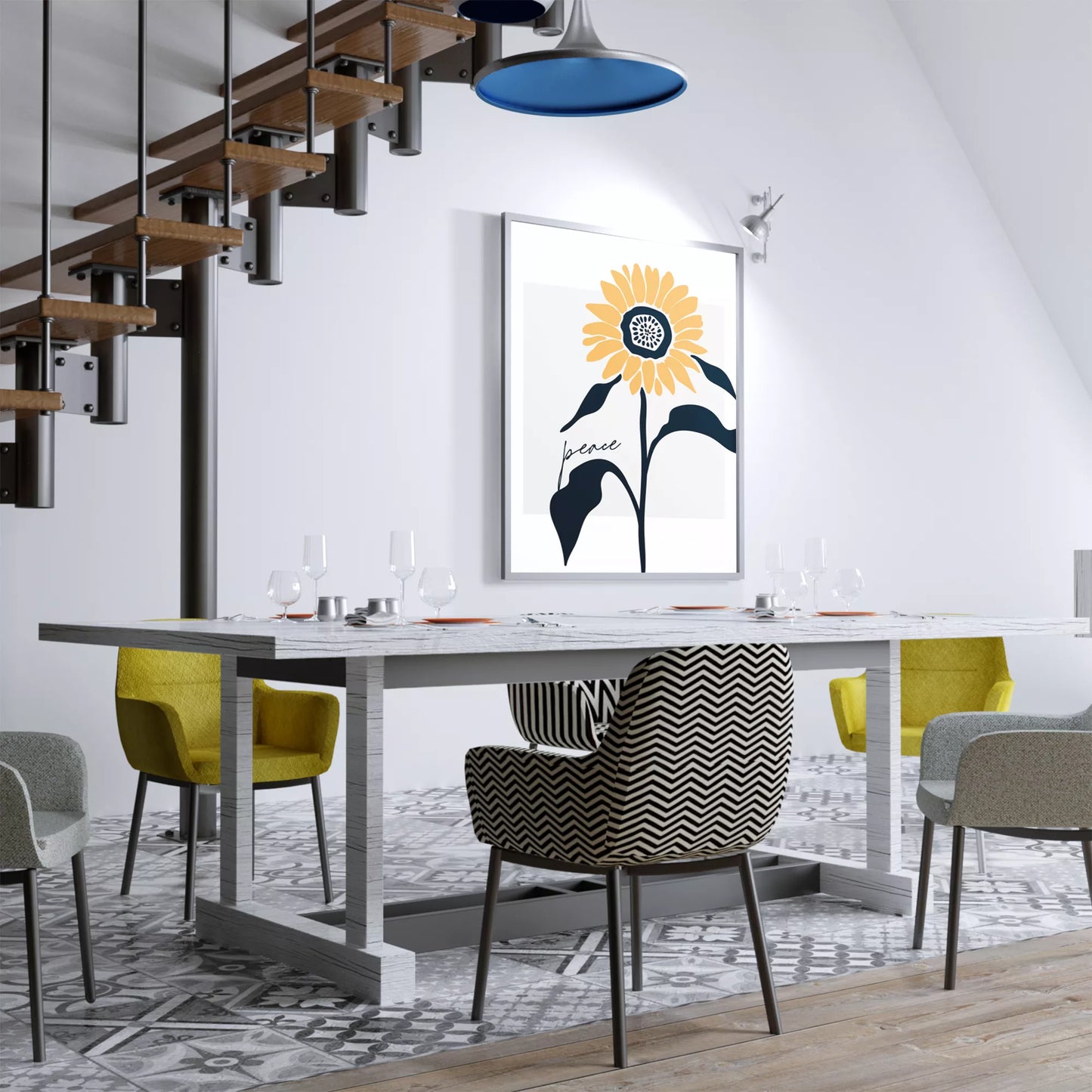 モダンな向日葵のアートプリント、平和をテーマにしたシンプルデザイン