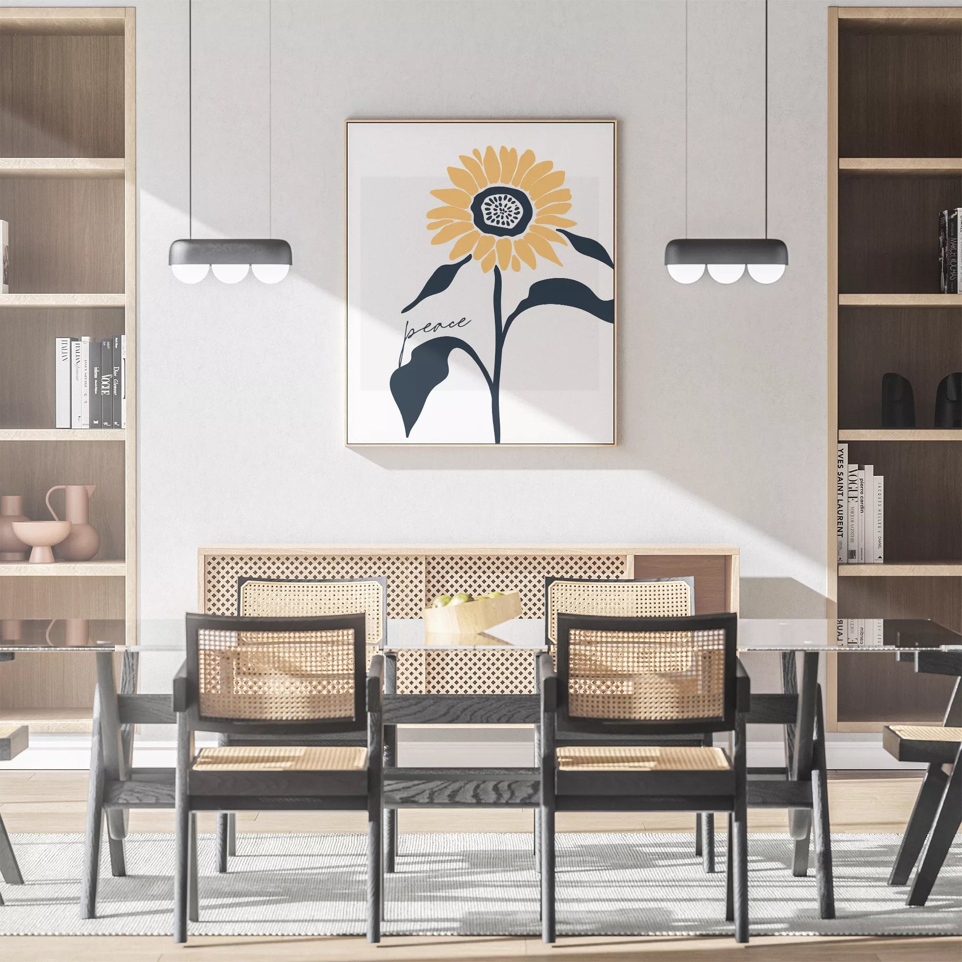 モダンな向日葵のアートプリント、平和をテーマにしたシンプルデザイン