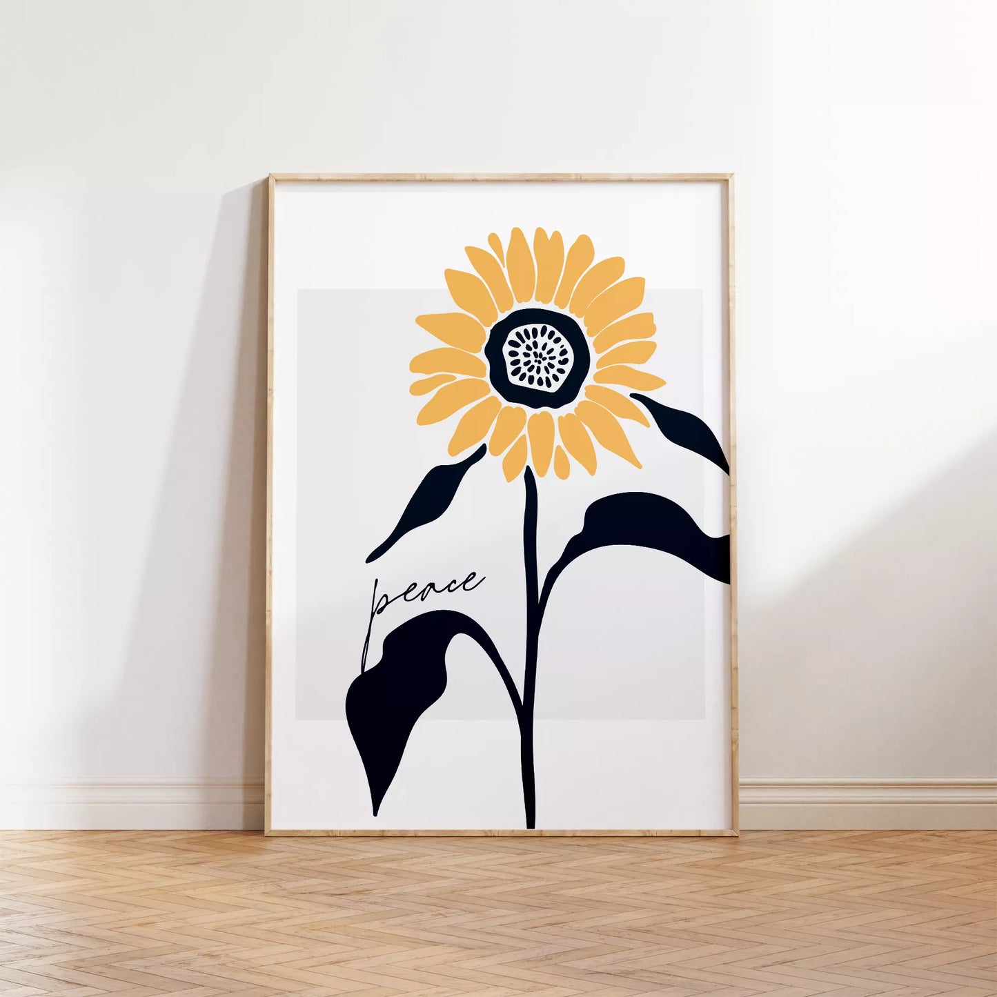 モダンな向日葵のアートプリント、平和をテーマにしたシンプルデザイン
