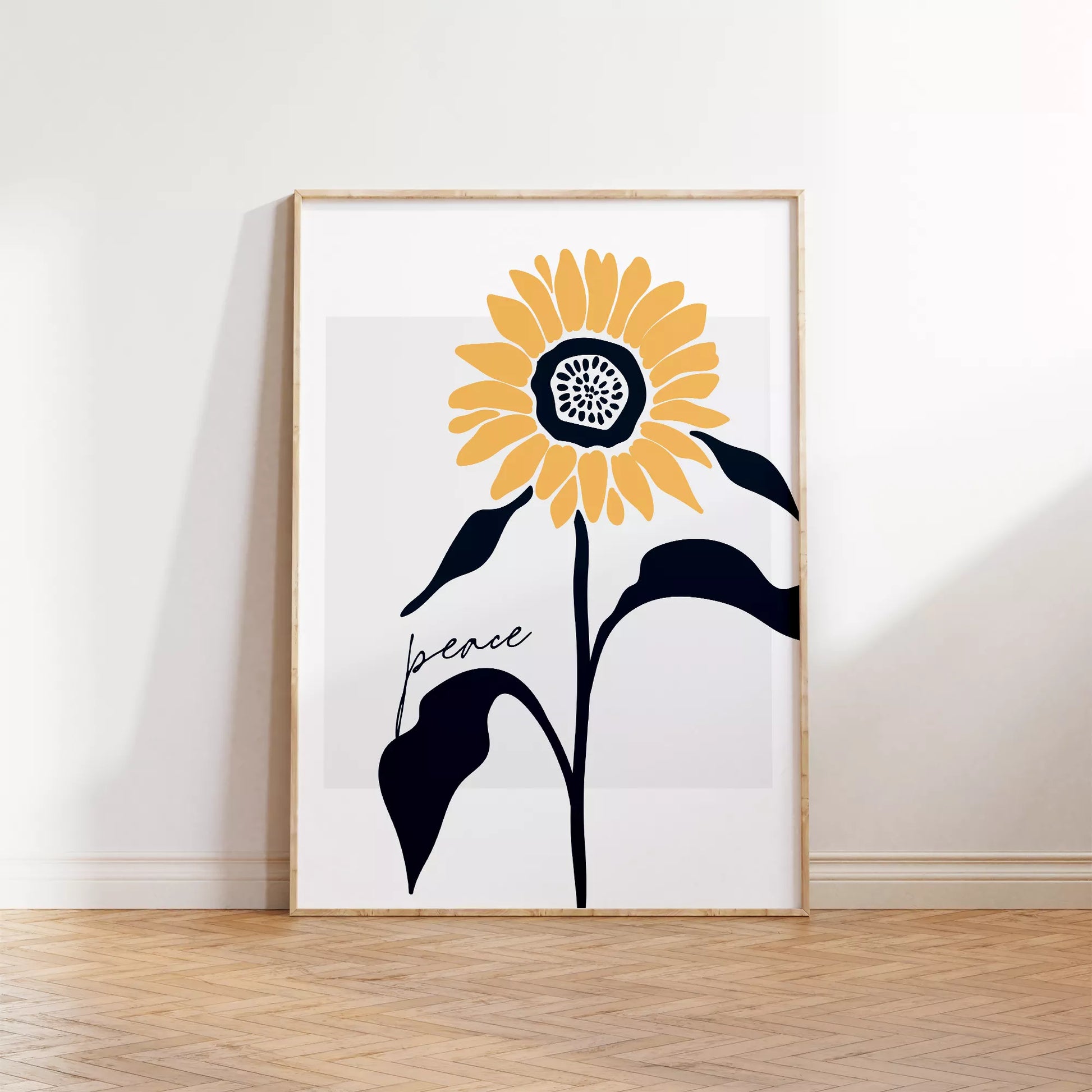 モダンな向日葵のアートプリント、平和をテーマにしたシンプルデザイン