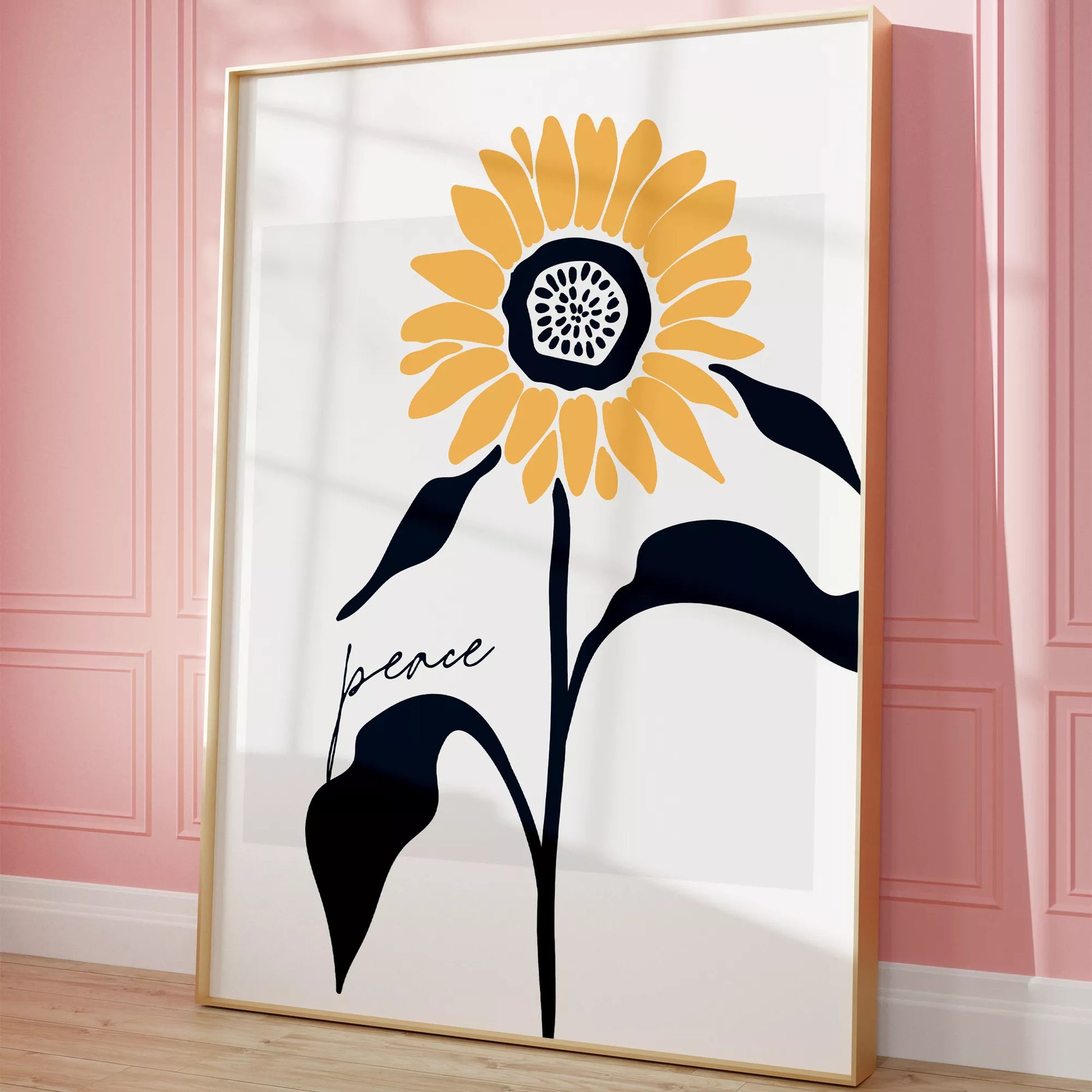 モダンな向日葵のアートプリント、平和をテーマにしたシンプルデザイン