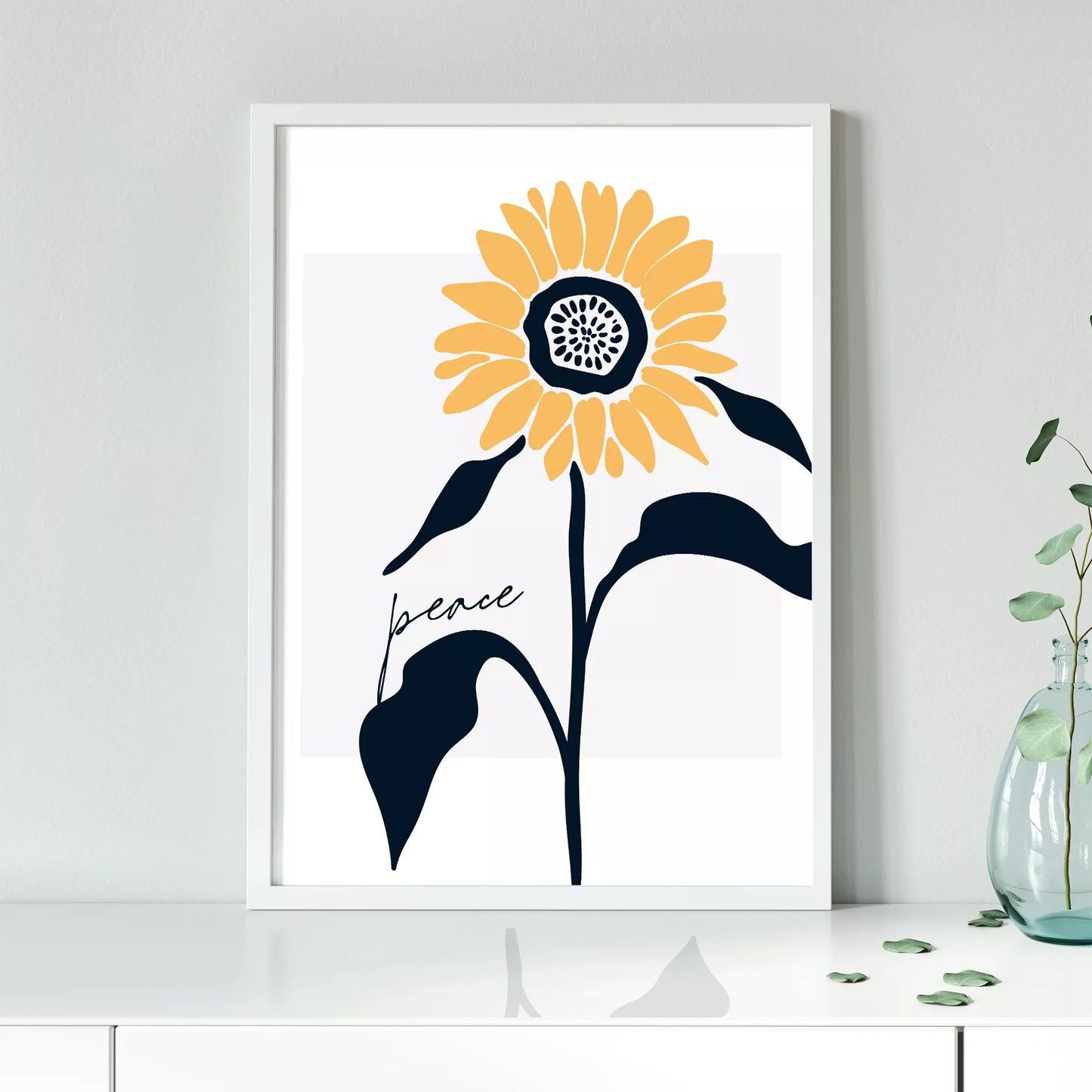 モダンな向日葵のアートプリント、平和をテーマにしたシンプルデザイン