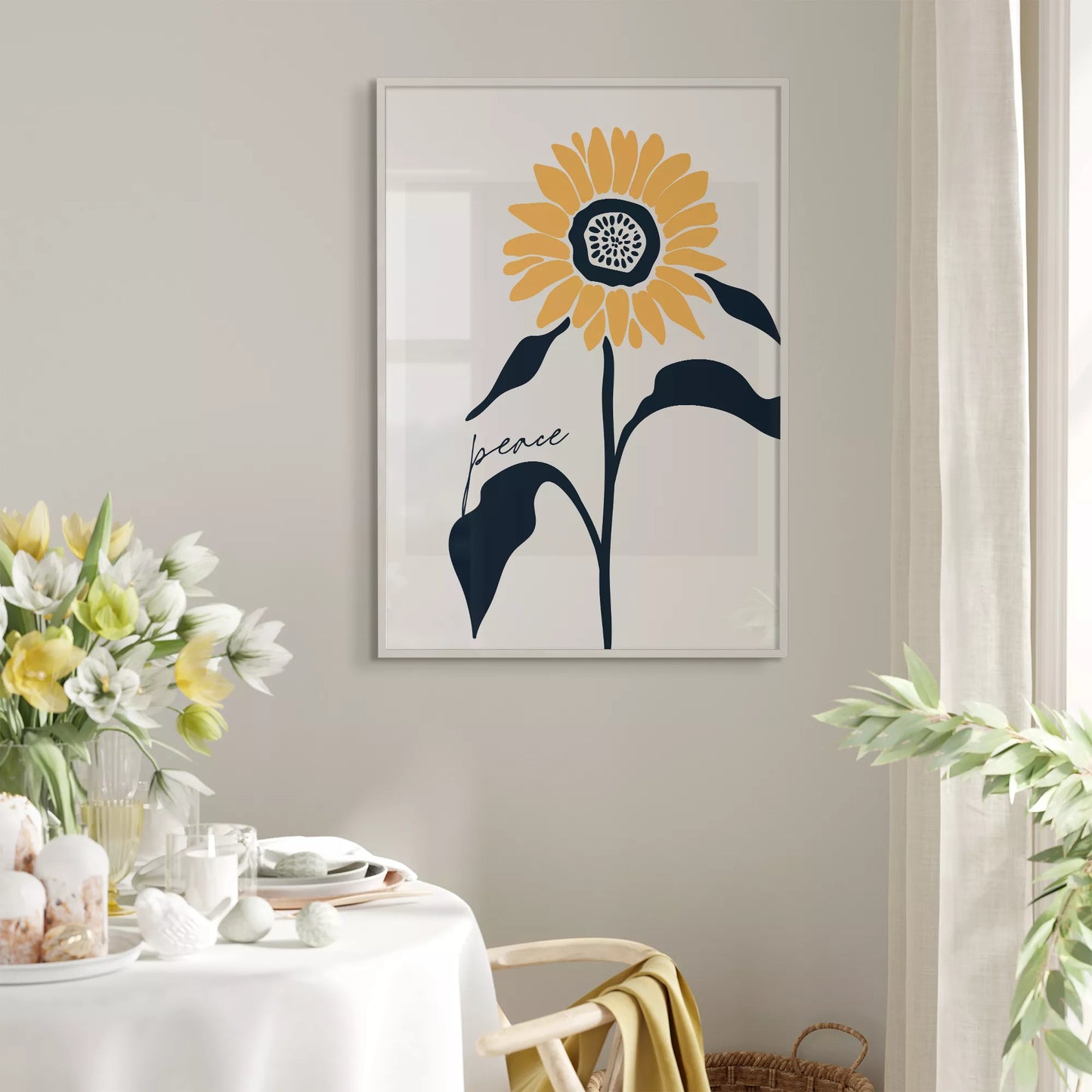 モダンな向日葵のアートプリント、平和をテーマにしたシンプルデザイン