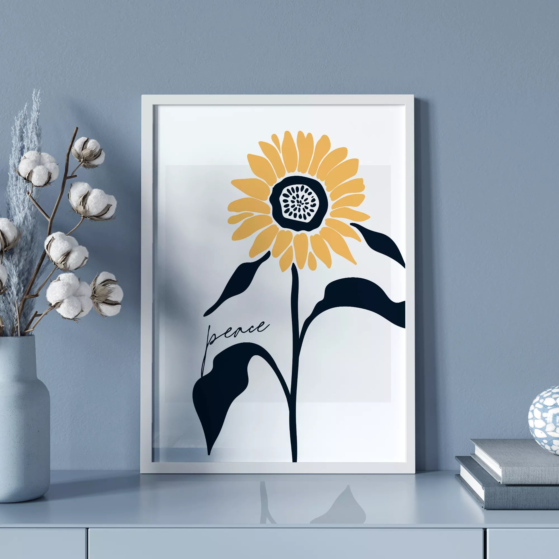 モダンな向日葵のアートプリント、平和をテーマにしたシンプルデザイン