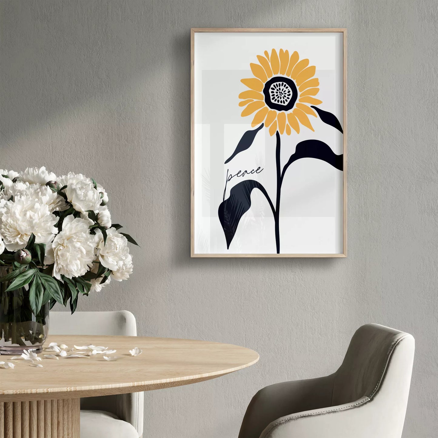 モダンな向日葵のアートプリント、平和をテーマにしたシンプルデザイン