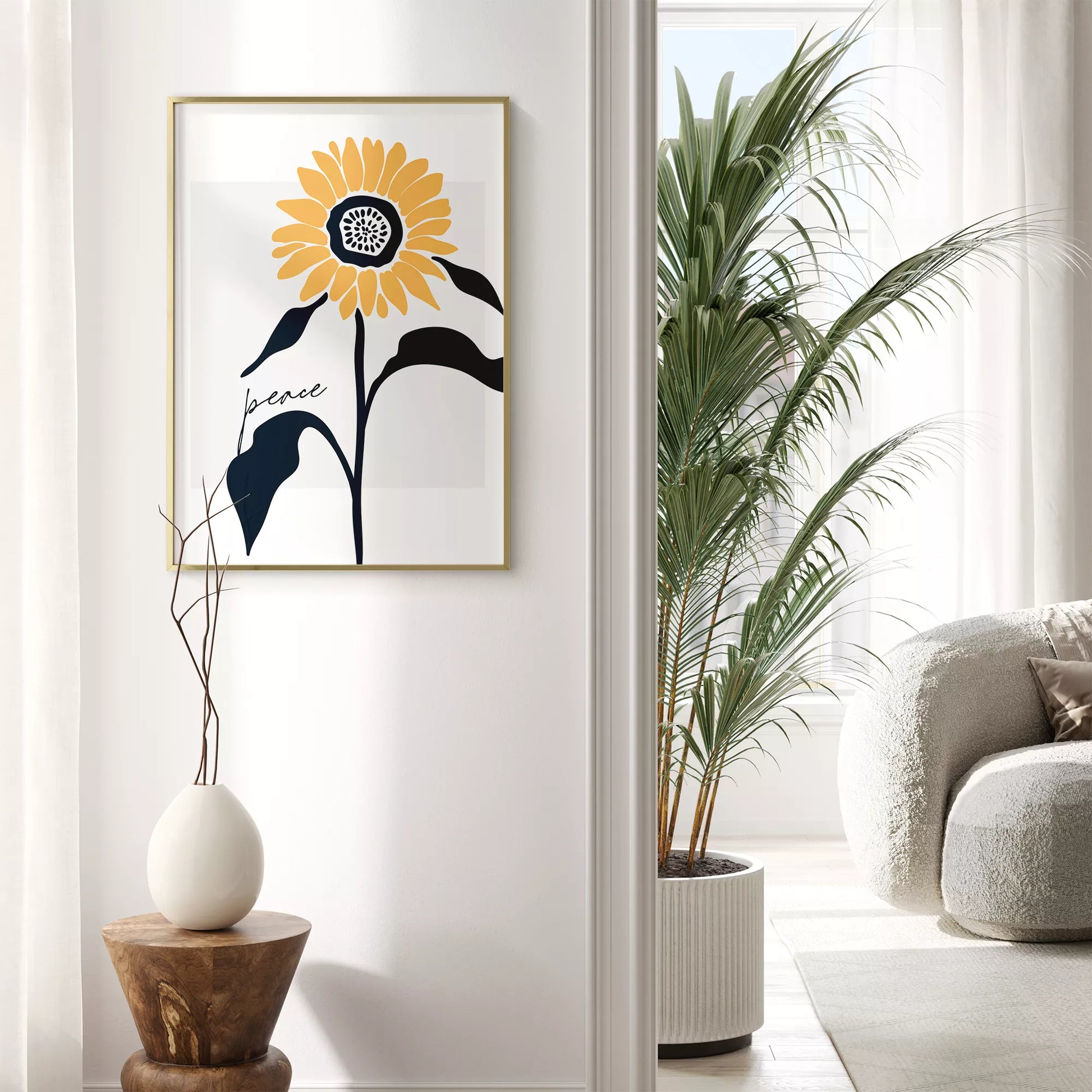 モダンな向日葵のアートプリント、平和をテーマにしたシンプルデザイン
