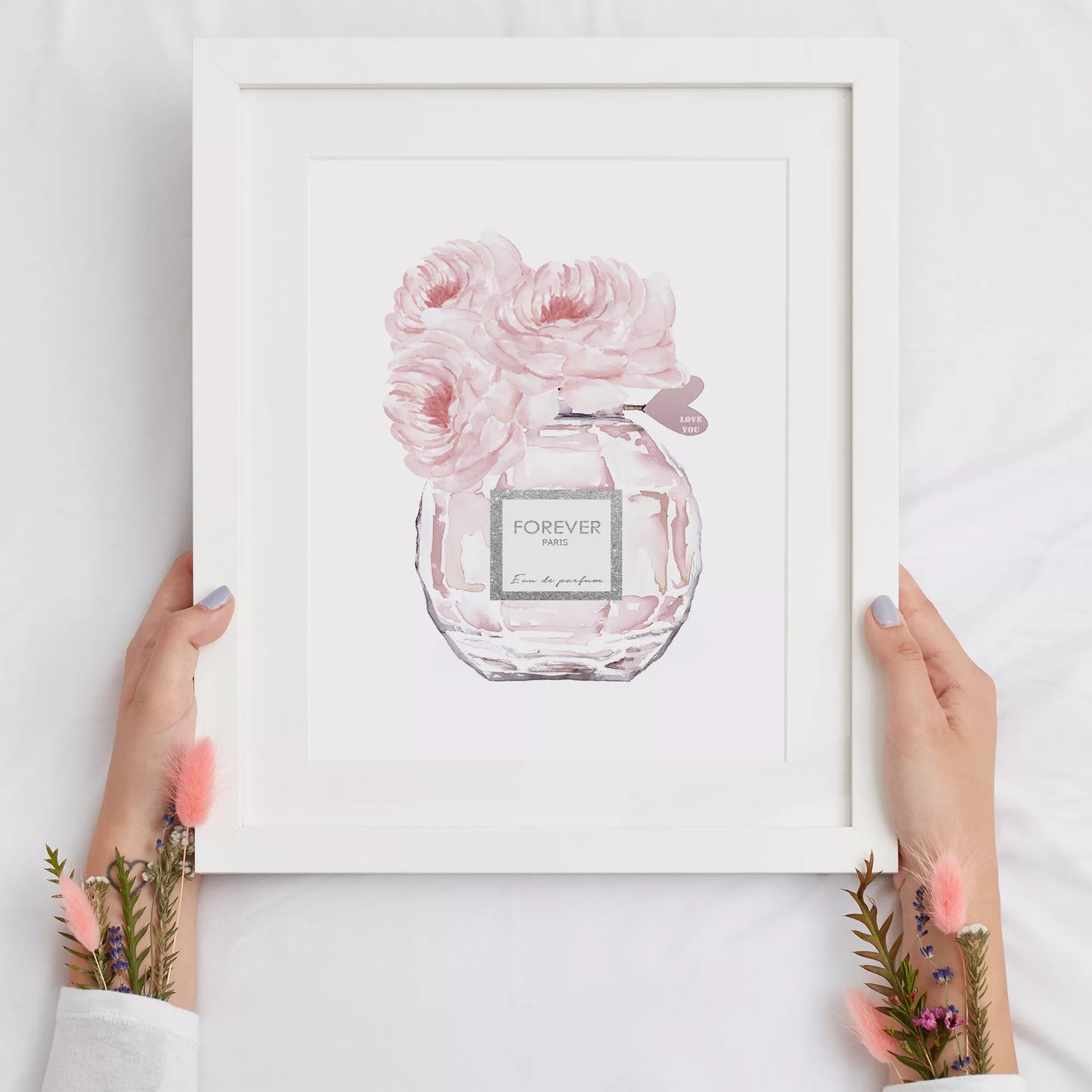 ピンクのバラと香水瓶のウォーターカラーアートプリント