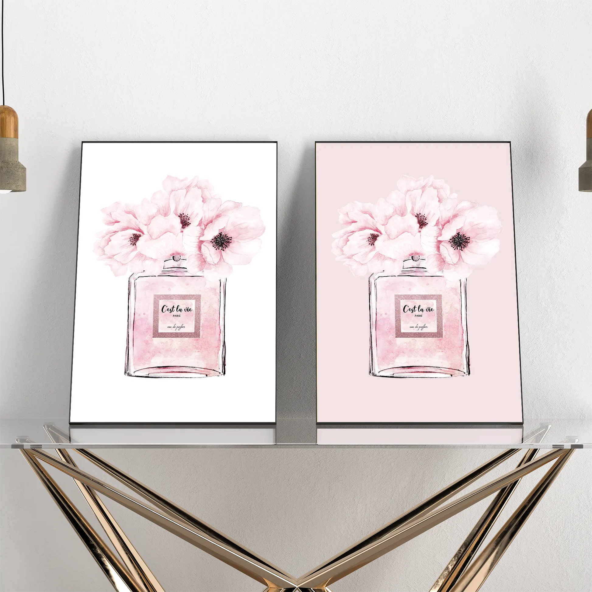 ピンク香水瓶と花のアートポスター 北欧デザイン エレガントインテリア