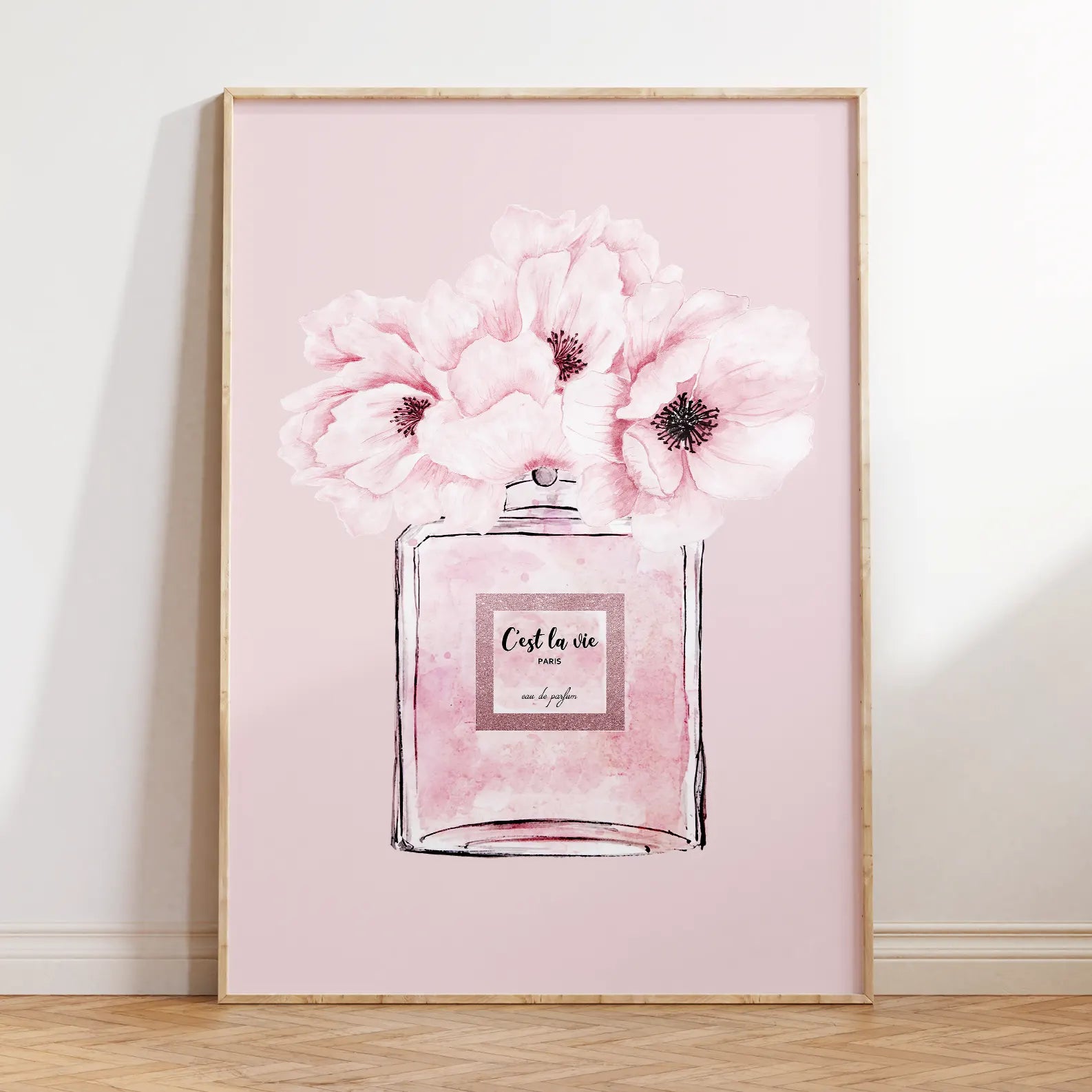 ピンク香水瓶と花のアートポスター 北欧デザイン エレガントインテリア