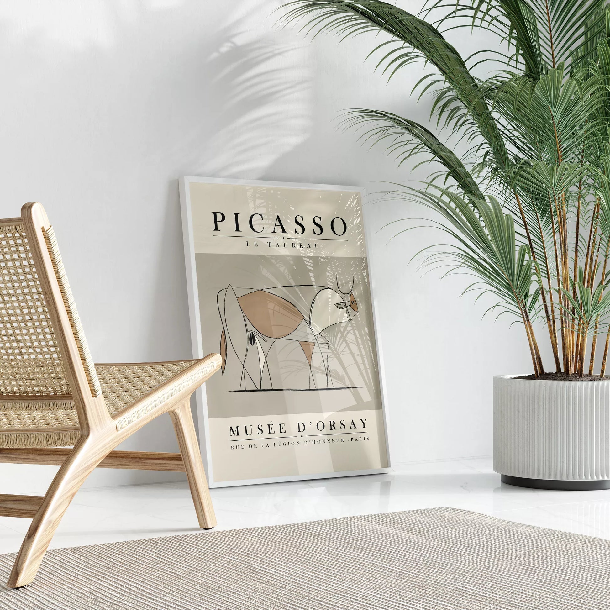 ピカソの牛のミニマリストライン画、グレーとベージュの色調