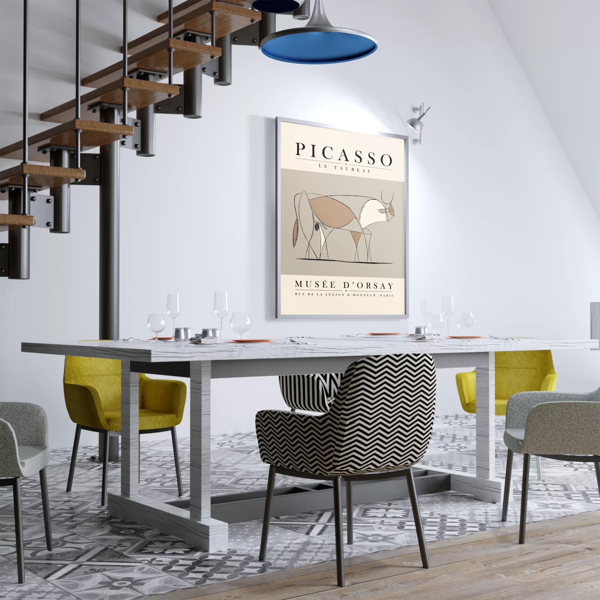 ピカソの牛のミニマリストライン画、グレーとベージュの色調