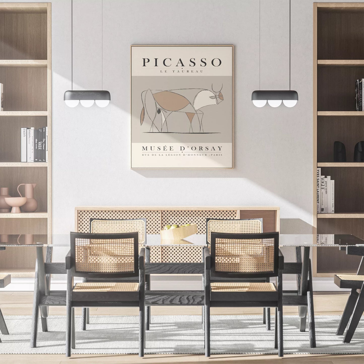 ピカソの牛のミニマリストライン画、グレーとベージュの色調