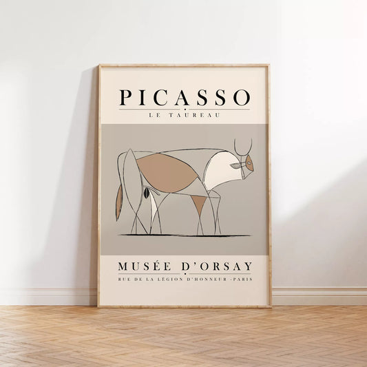 ピカソの牛のミニマリストライン画、グレーとベージュの色調