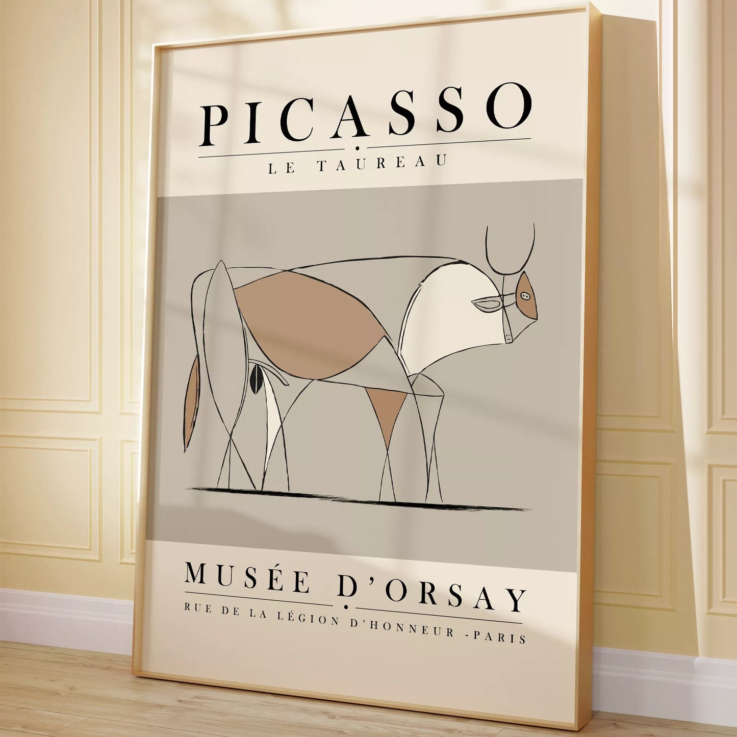 ピカソの牛のミニマリストライン画、グレーとベージュの色調