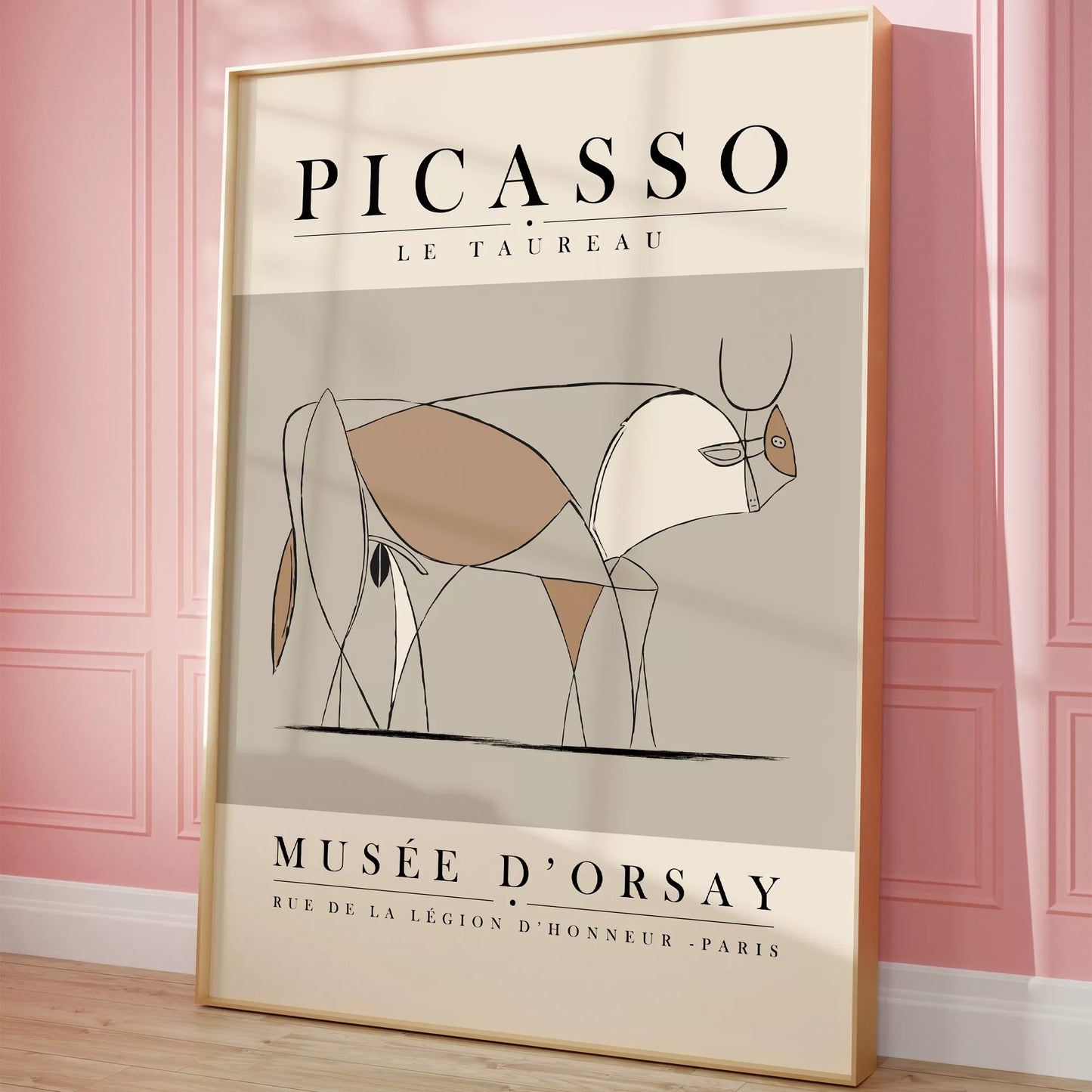 ピカソの牛のミニマリストライン画、グレーとベージュの色調