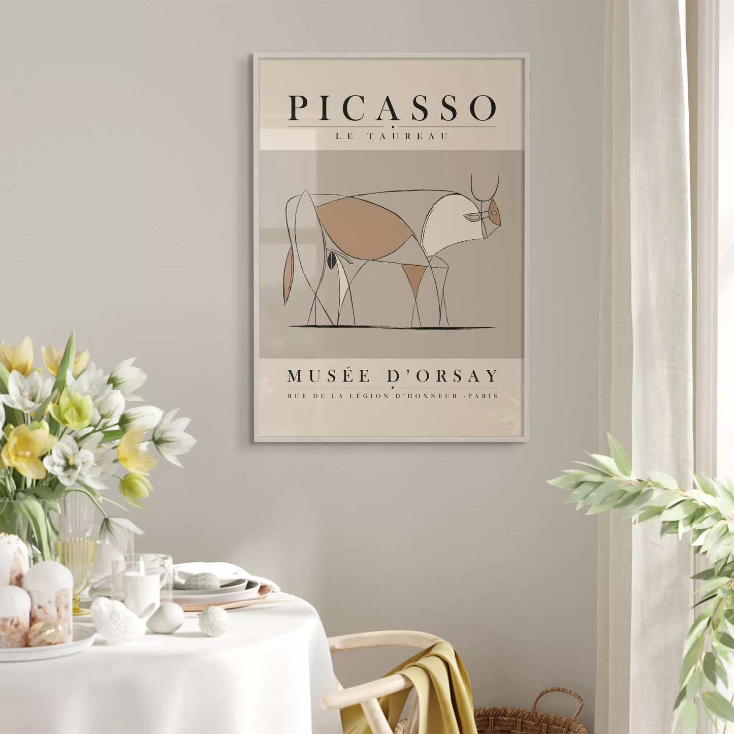 ピカソの牛のミニマリストライン画、グレーとベージュの色調