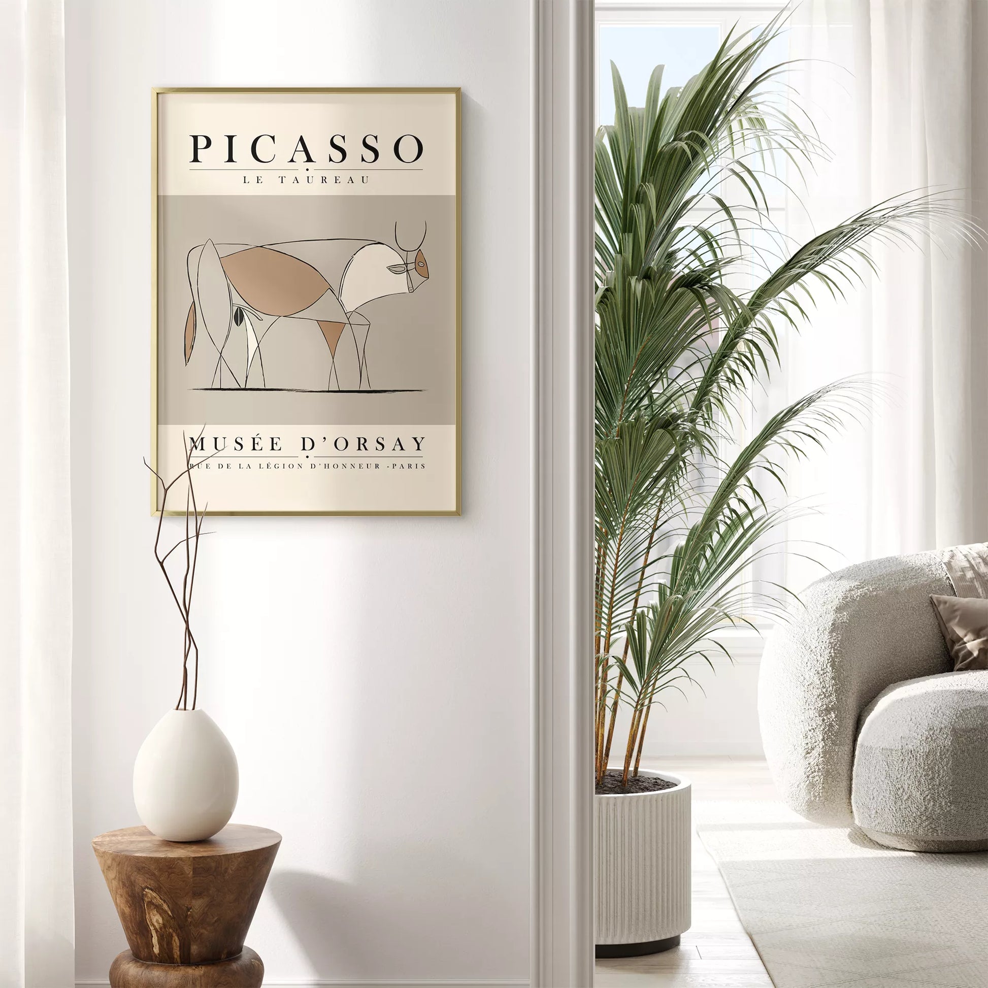 ピカソの牛のミニマリストライン画、グレーとベージュの色調