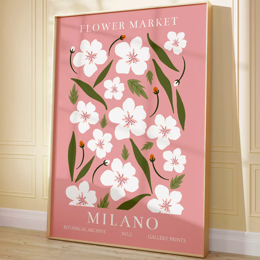 白い花とグリーンの葉が散りばめられたピンク背景のボタニカルアートポスター