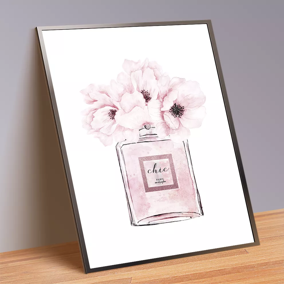 ピンクフラワーと香水ボトル、北欧風おしゃれアートポスター3枚セット 壁掛けインテリア