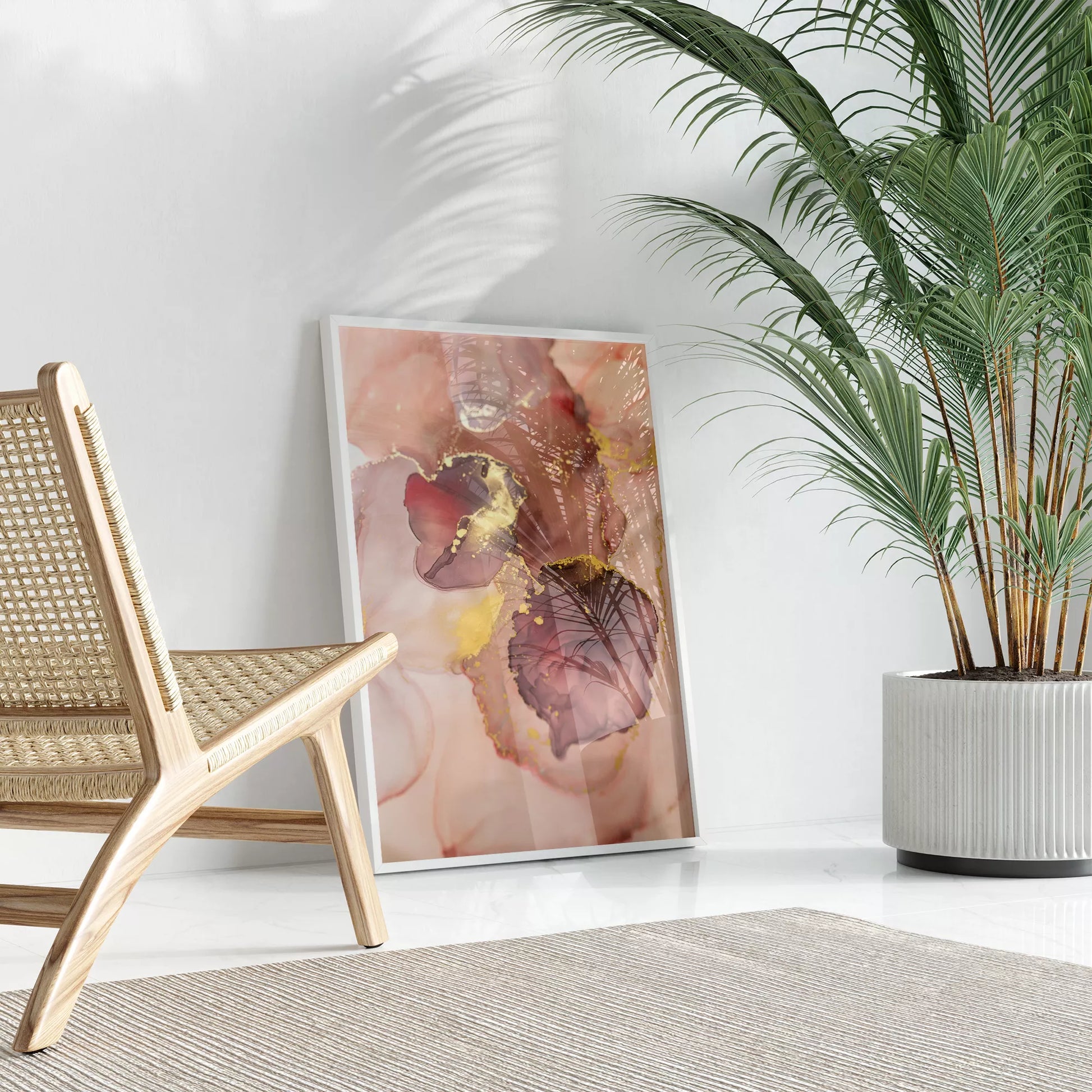 ピンク色と金箔の大理石風アートプリント、モダンな抽象画