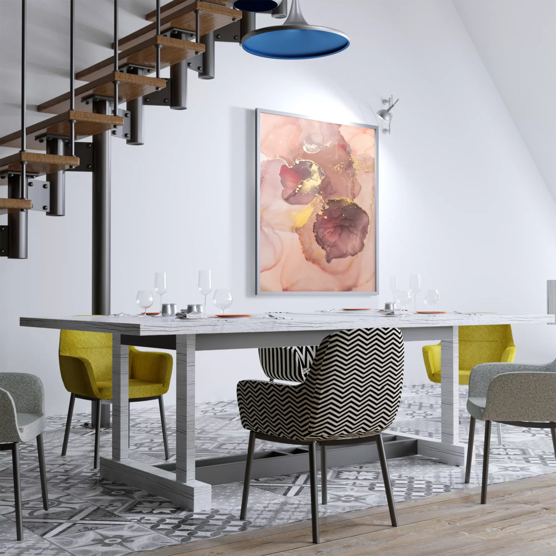 ピンク色と金箔の大理石風アートプリント、モダンな抽象画