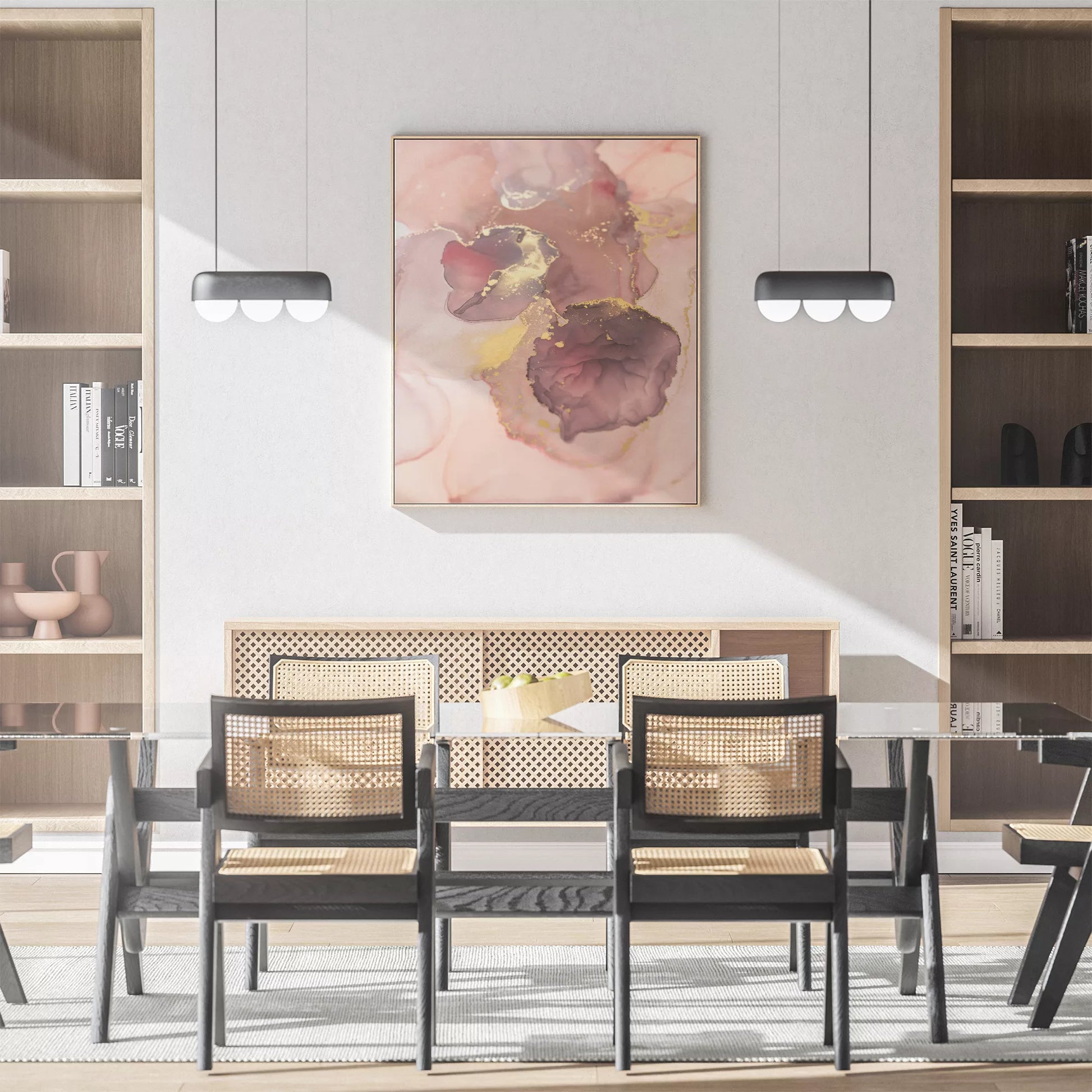 ピンク色と金箔の大理石風アートプリント、モダンな抽象画