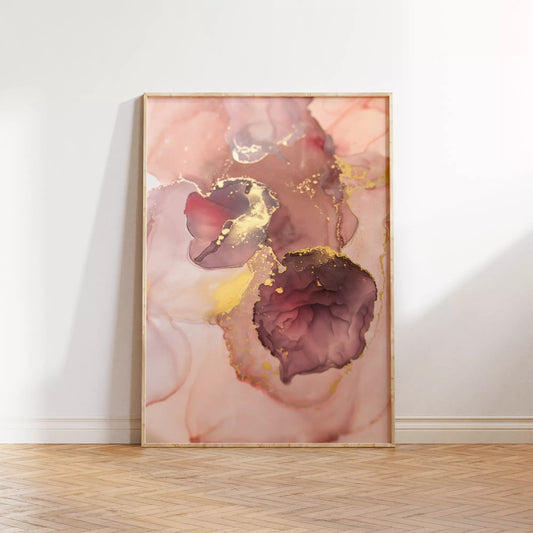 ピンク色と金箔の大理石風アートプリント、モダンな抽象画
