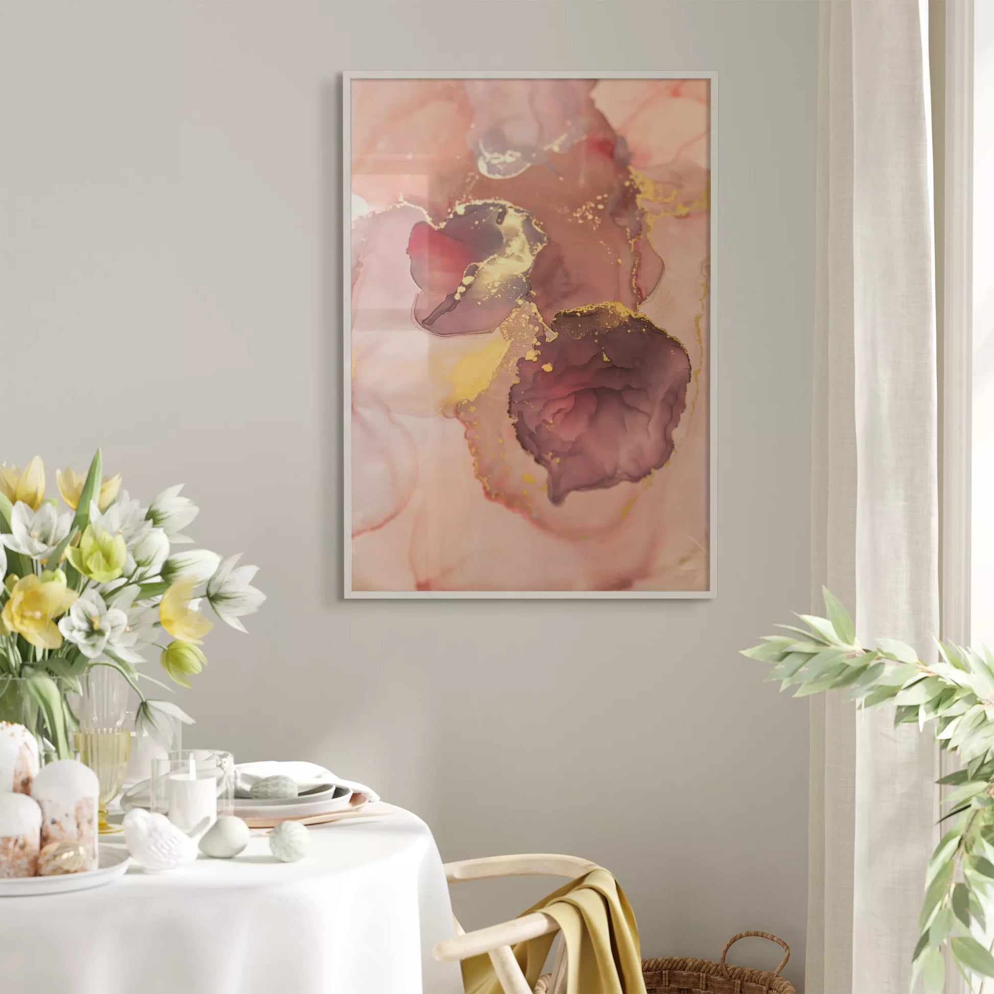 ピンク色と金箔の大理石風アートプリント、モダンな抽象画