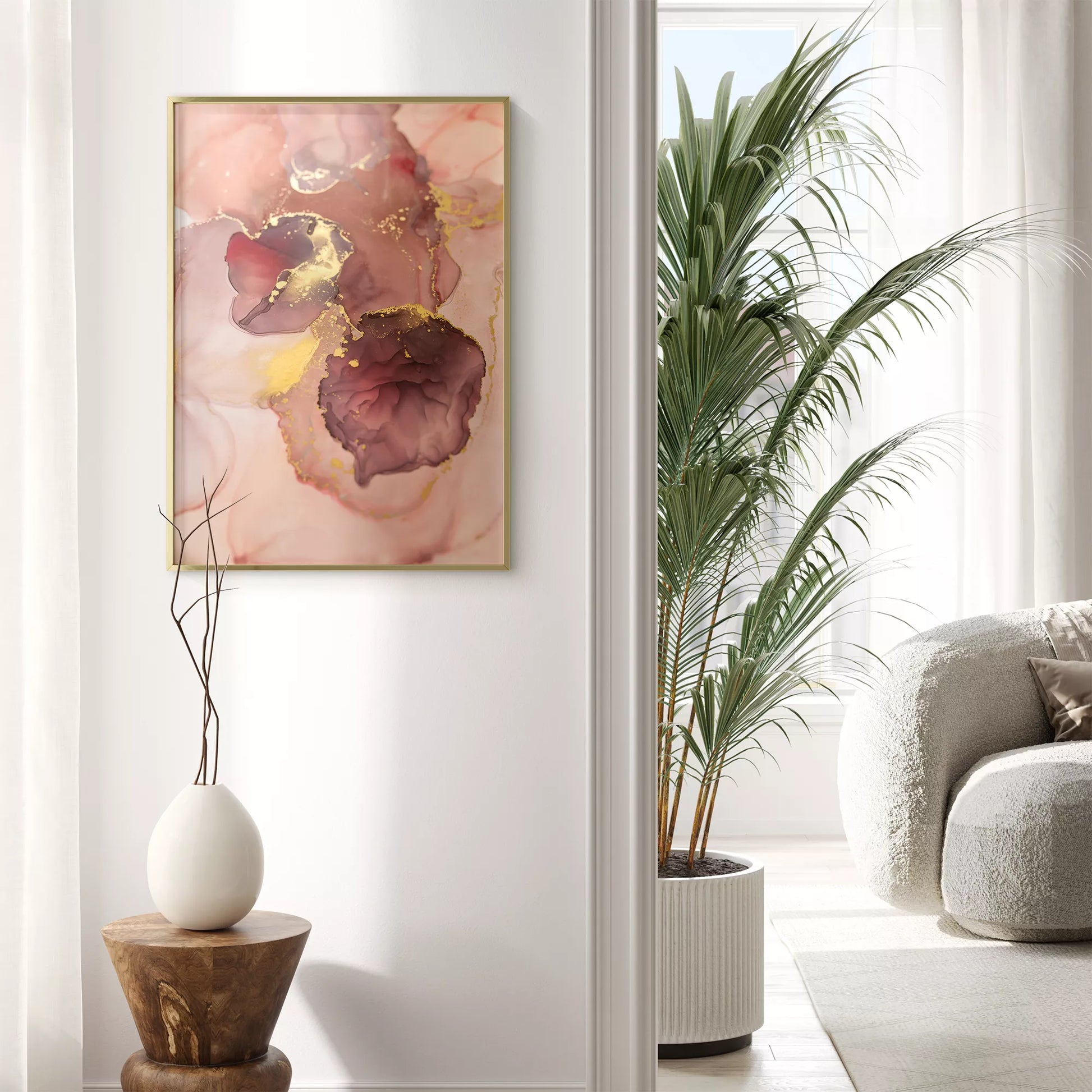 ピンク色と金箔の大理石風アートプリント、モダンな抽象画