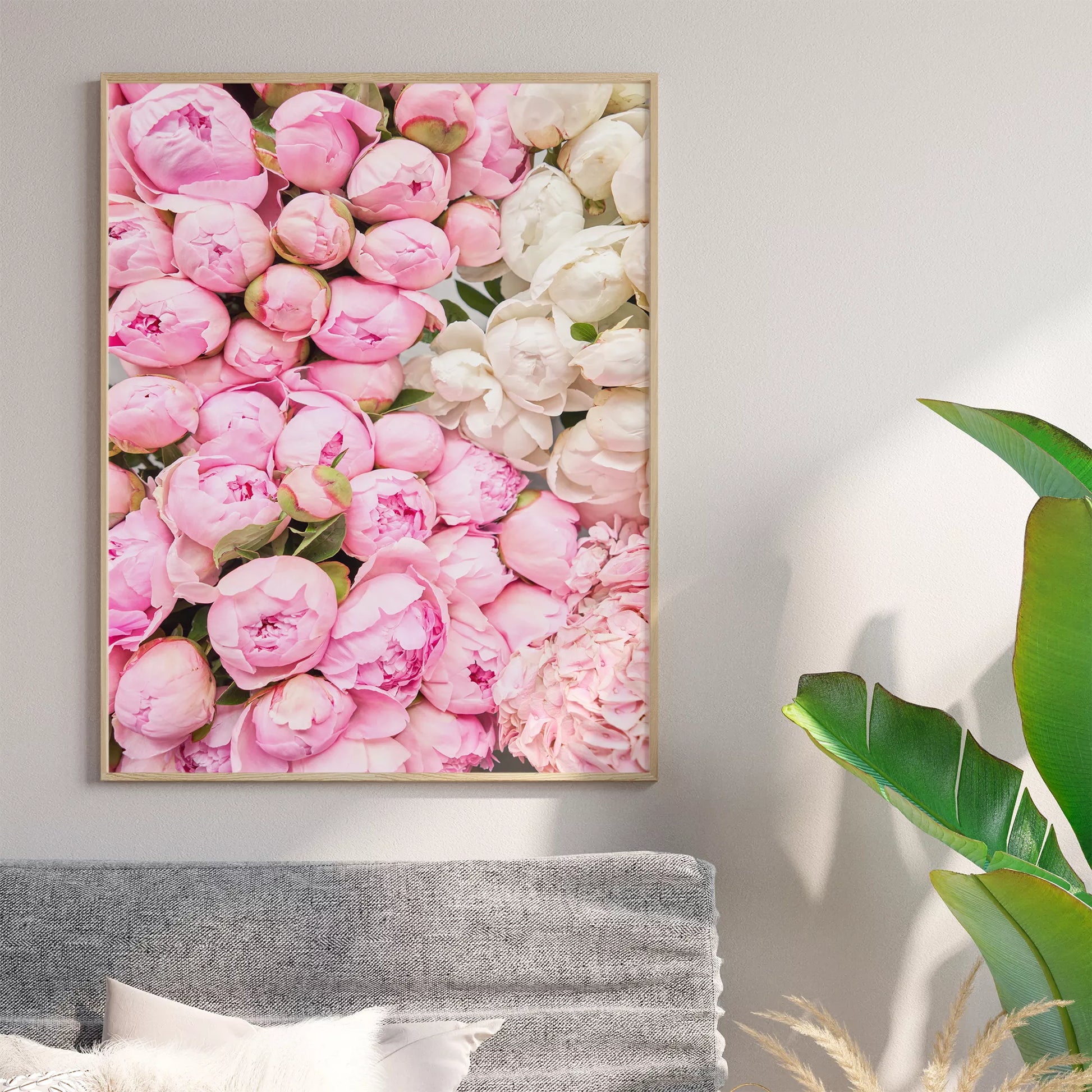 満開の芍薬の花束がピンクから白のグラデーションで映える春のアート