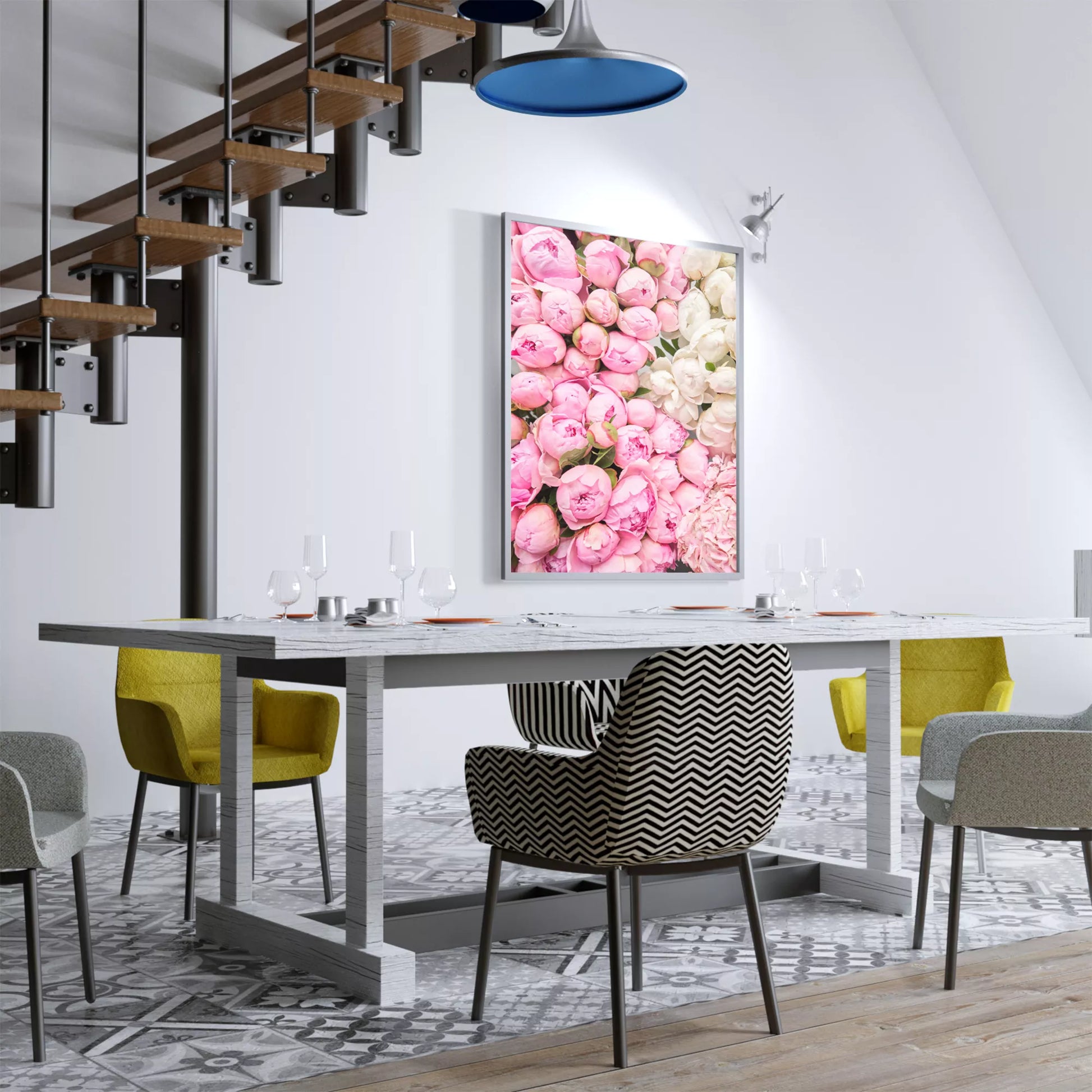 満開の芍薬の花束がピンクから白のグラデーションで映える春のアート