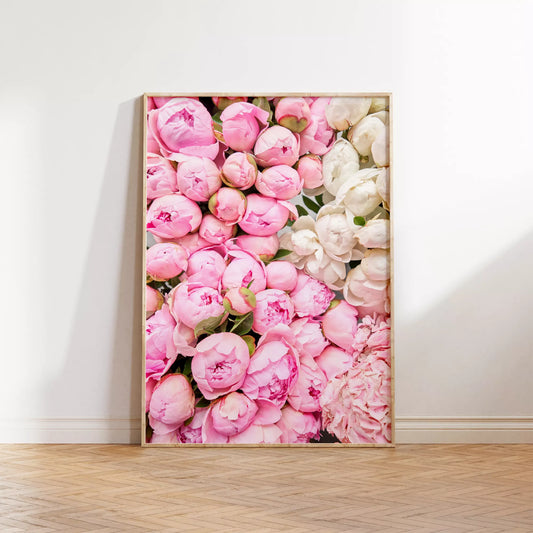 満開の芍薬の花束がピンクから白のグラデーションで映える春のアート