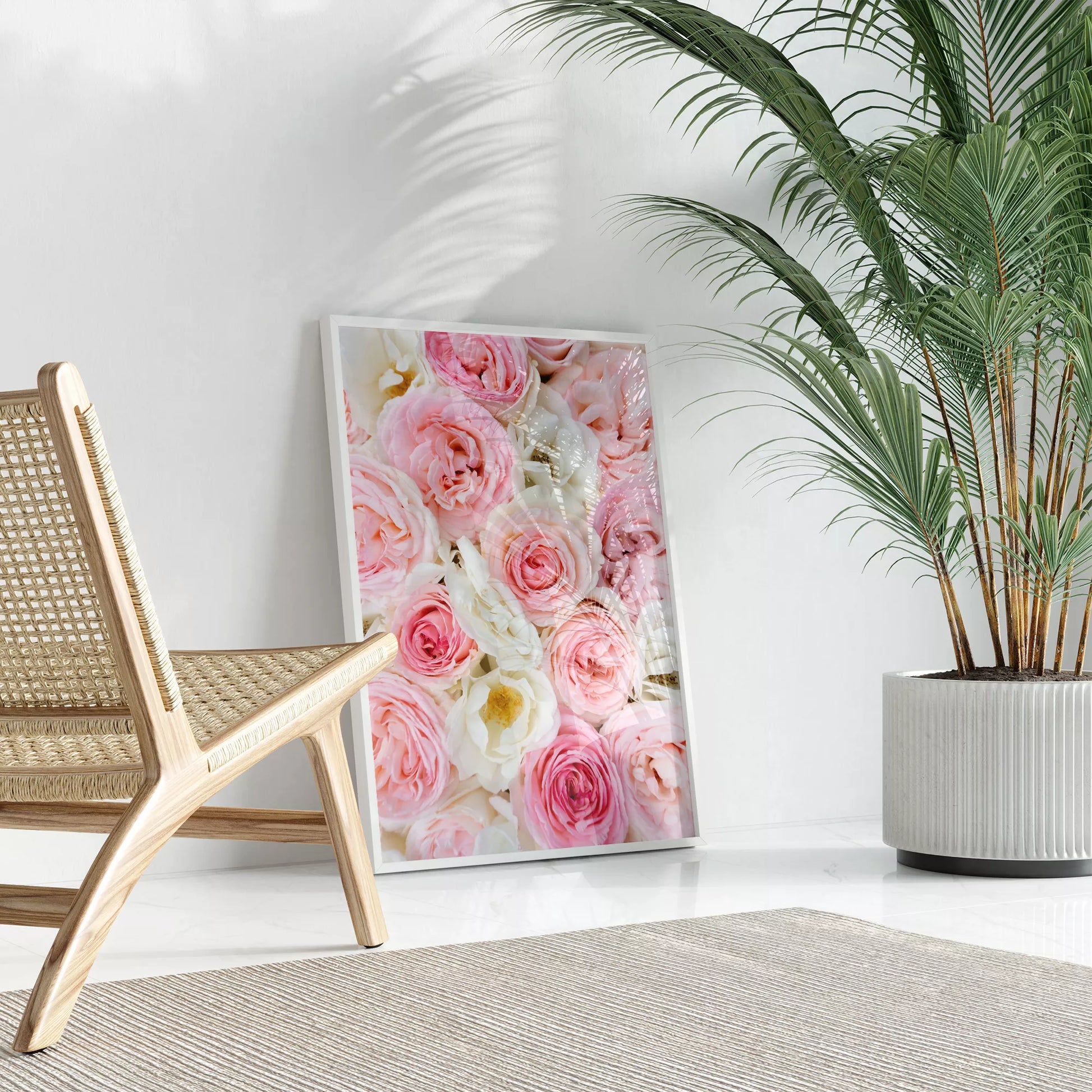 優雅なピンクと白のバラの花束アートポスター、インテリア装飾用