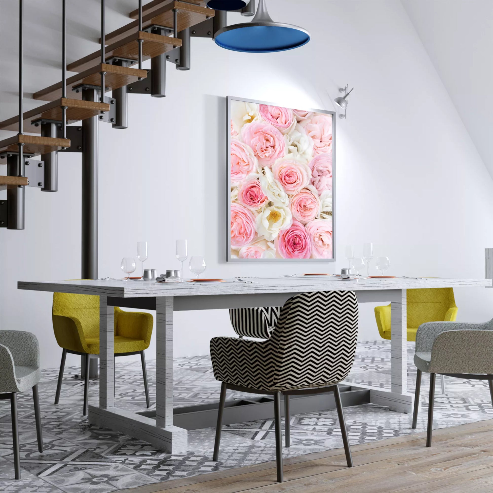 優雅なピンクと白のバラの花束アートポスター、インテリア装飾用