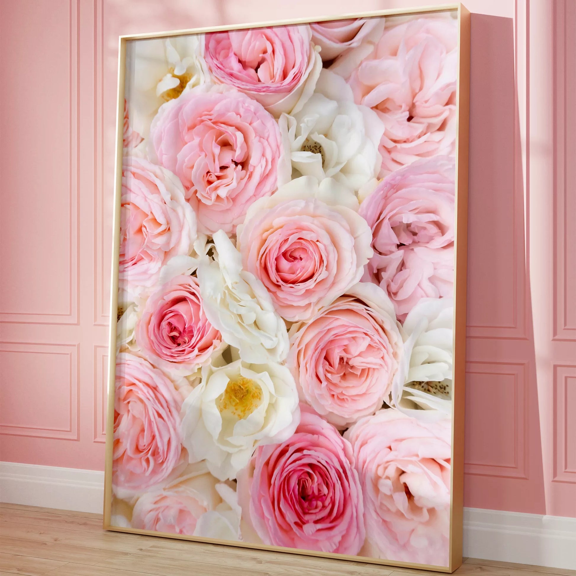 優雅なピンクと白のバラの花束アートポスター、インテリア装飾用